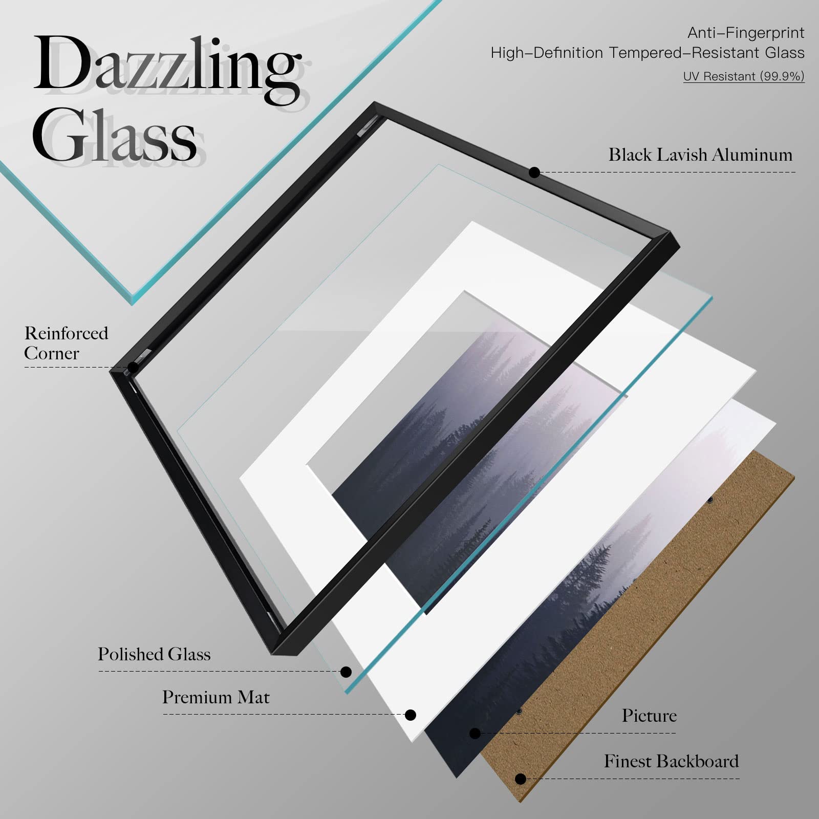 VCK 12x12 Aluminum Picture Frames Black Set of 3 - Includes Mat for 8x8 Photos & Frameless Option for 12x12 - Multi Square Wall Frames with Real Glass - Perfect for Home Decor, Office Display & Photo Gallery