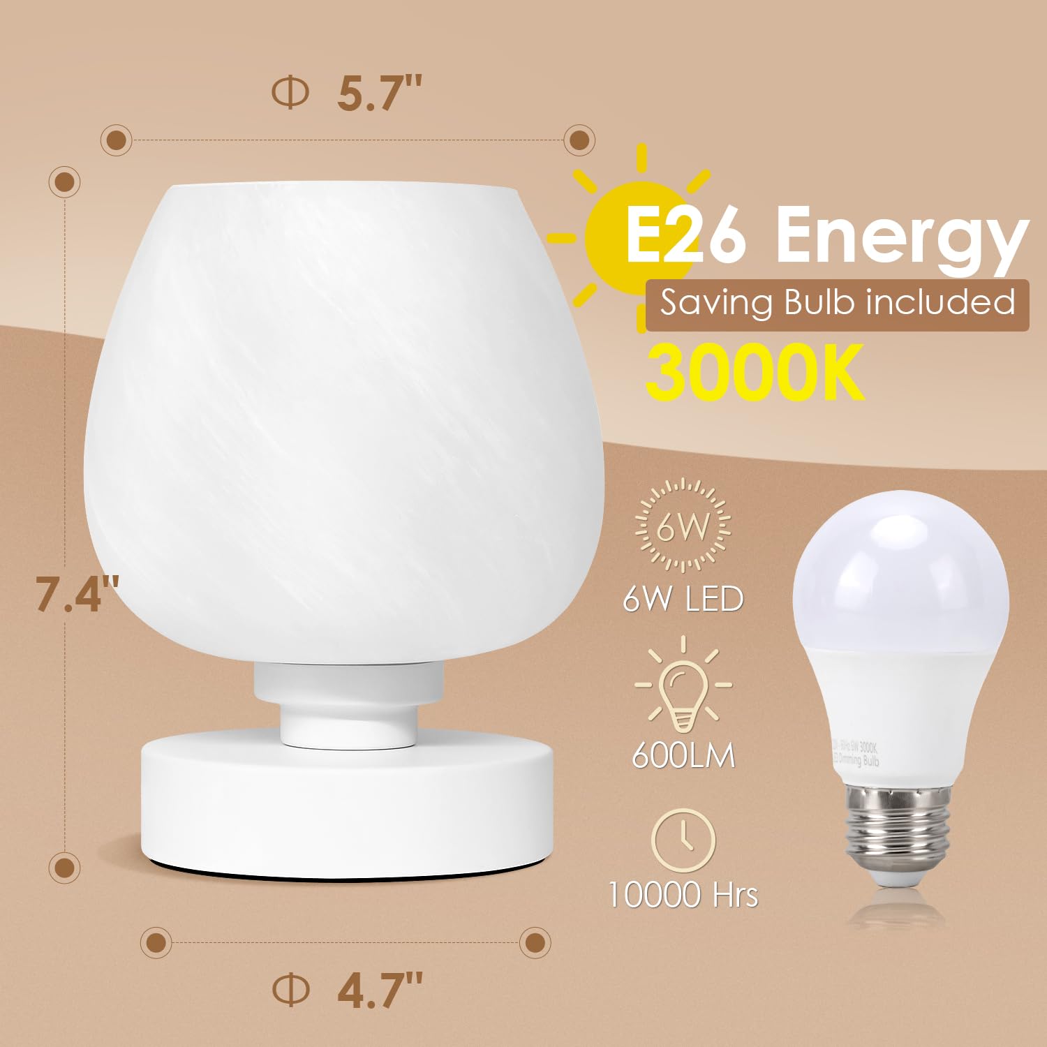 Modern Touch Bedside Table Lamp - 3-Way Dimmable Nightstand Lamp with White Opal Glass Shade, Warm White Bulb Included | Perfect for Bedroom, Living Room & Office Decor | Stylish Night Light & Thoughtful Gift Idea