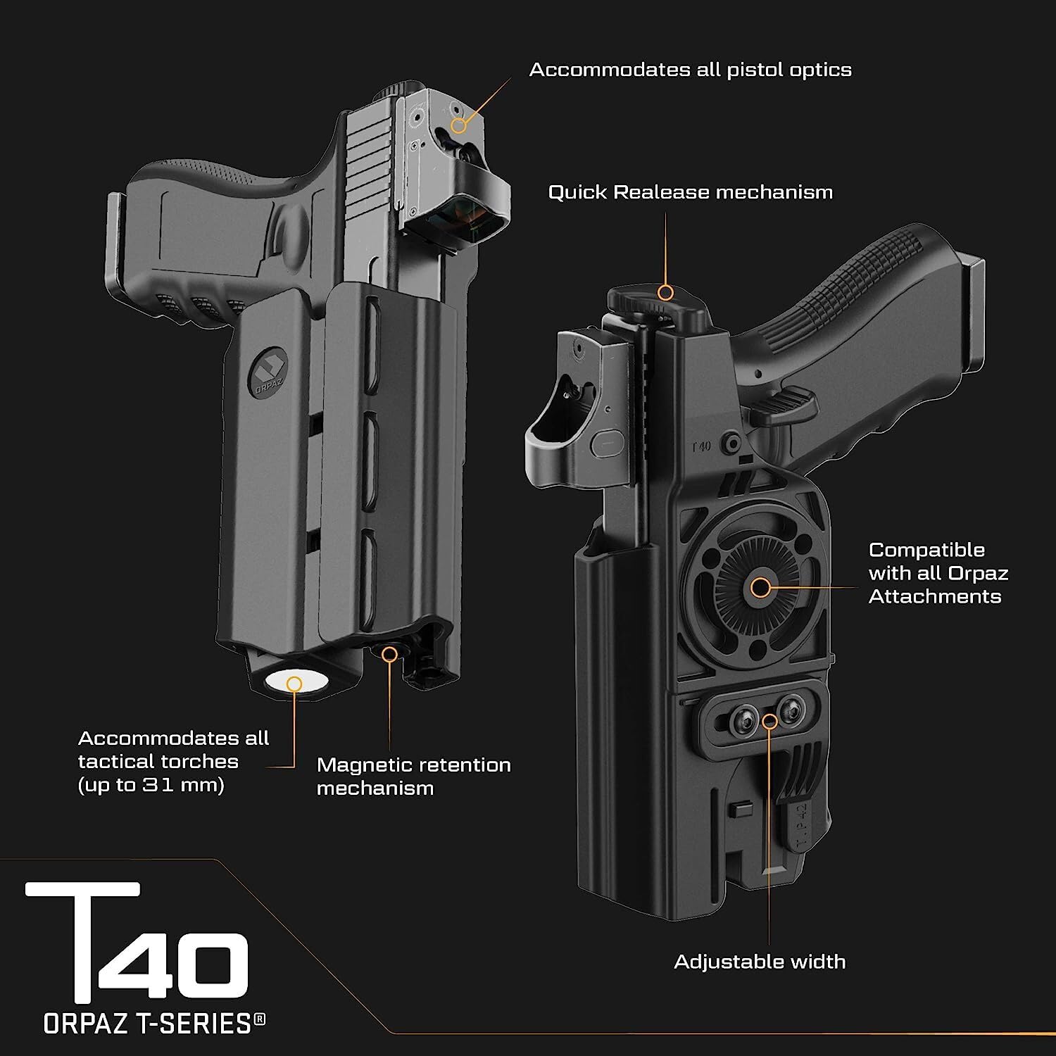 Orpaz T40 Adjustable Modular SD9VE Holster - OWB Compatible with S&W SD9VE Pistol - Fits Light, Laser, Sight & Optics - Tactical Gun Holder for Concealed Carry & Range Training