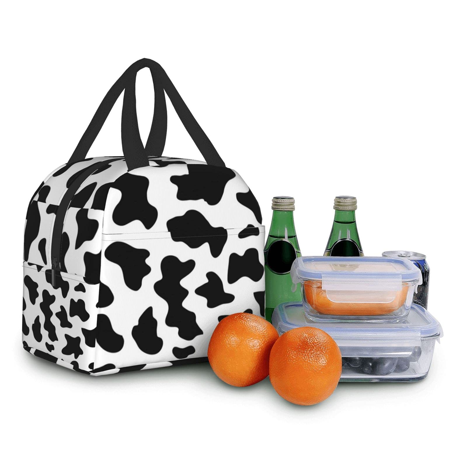 Insulated Reusable Lunch Bag for Women & Men - Cooler Lunch Tote with Front Pocket for Office, Work, Picnic & Travel - Stylish Black Cow Print Design