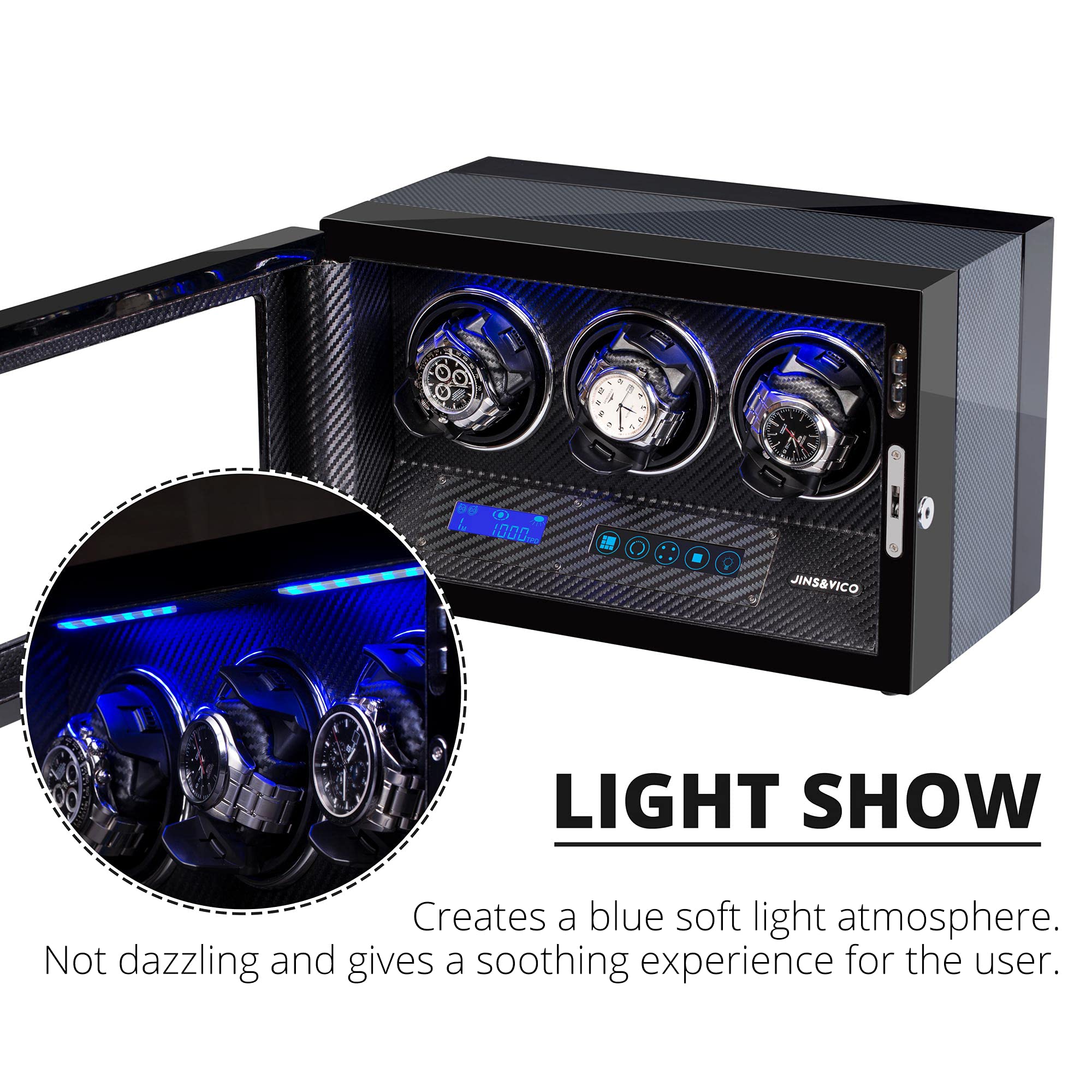 Luxury Automatic Watch Winder with Japanese Mabuchi Motor - LCD Touchscreen Control, Carbon Fiber Exterior & Adjustable Watch Pillows | Perfect for Rolex, Omega & Automatic Watch Collections | Home Office & Travel Use