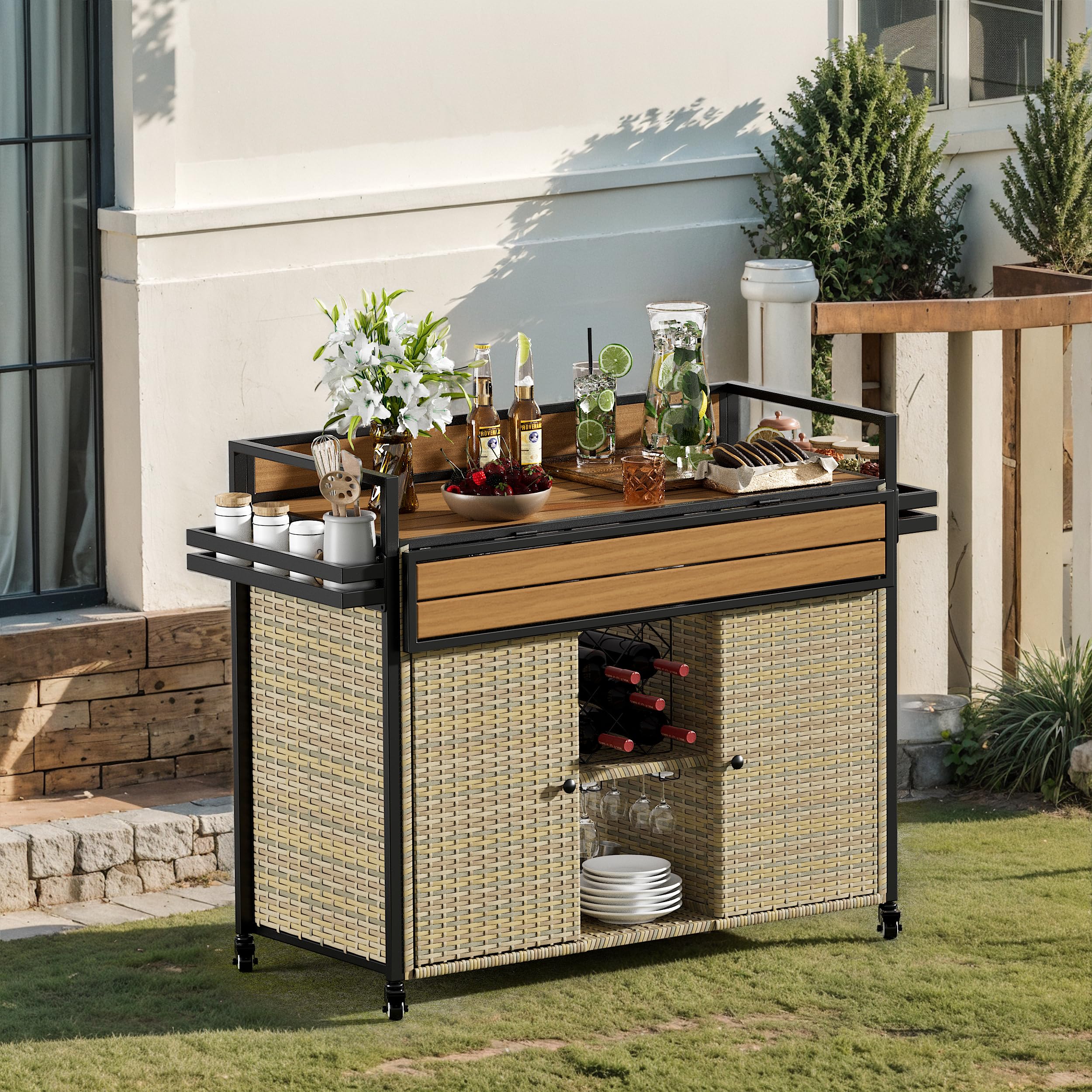 XL Outdoor Kitchen Wicker Rolling Bar Cart with Storage Cabinet & Extendable Plastic Wood Table Top - Mobile Kitchen Island for Patio, Backyard, Garden, Poolside - Double Handle Design, Brown - Perfect for Outdoor Entertaining, BBQ Parties & Poolside Drinks