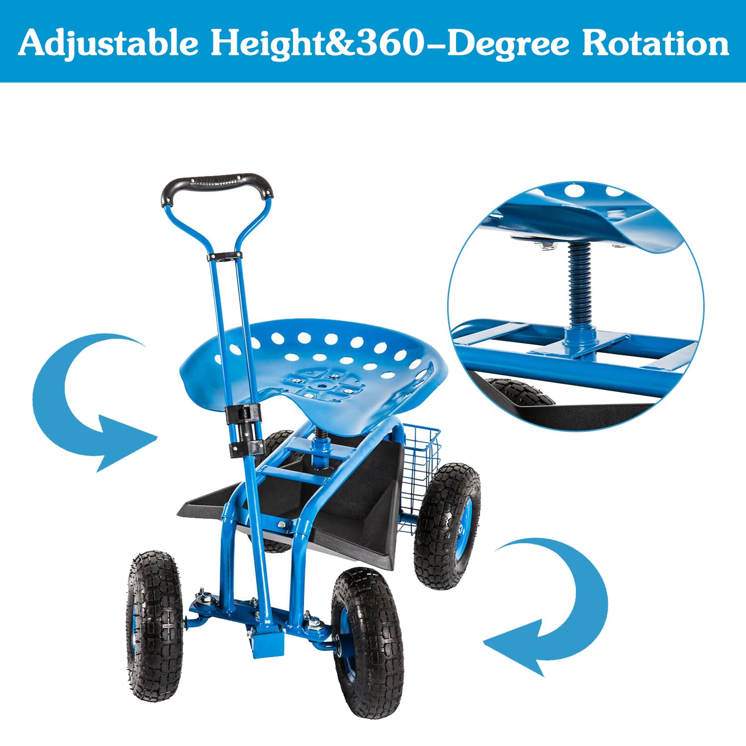 Heavy Duty Rolling Garden Cart Scooter Stool with Seat & Wheels - Adjustable Handle 360° Swivel Mobility Scooter - Perfect for Gardening, Landscaping & Outdoor Chores (Blue)