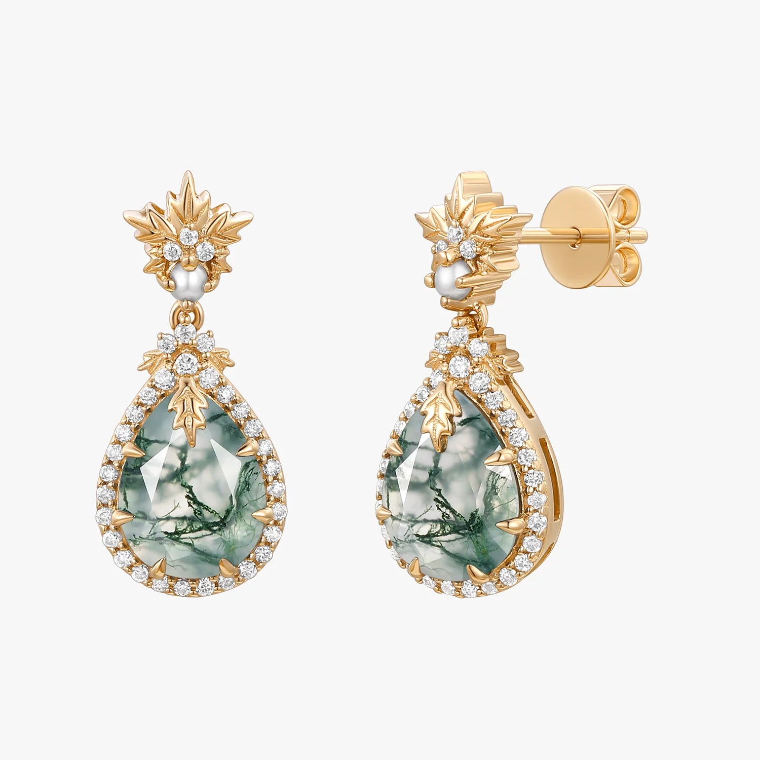Natural Moss Agate & Pearl Vintage Inspired Yellow Gold Earrings - Elegant Dangle Earrings for Women, Perfect for Weddings, Parties & Special Occasions