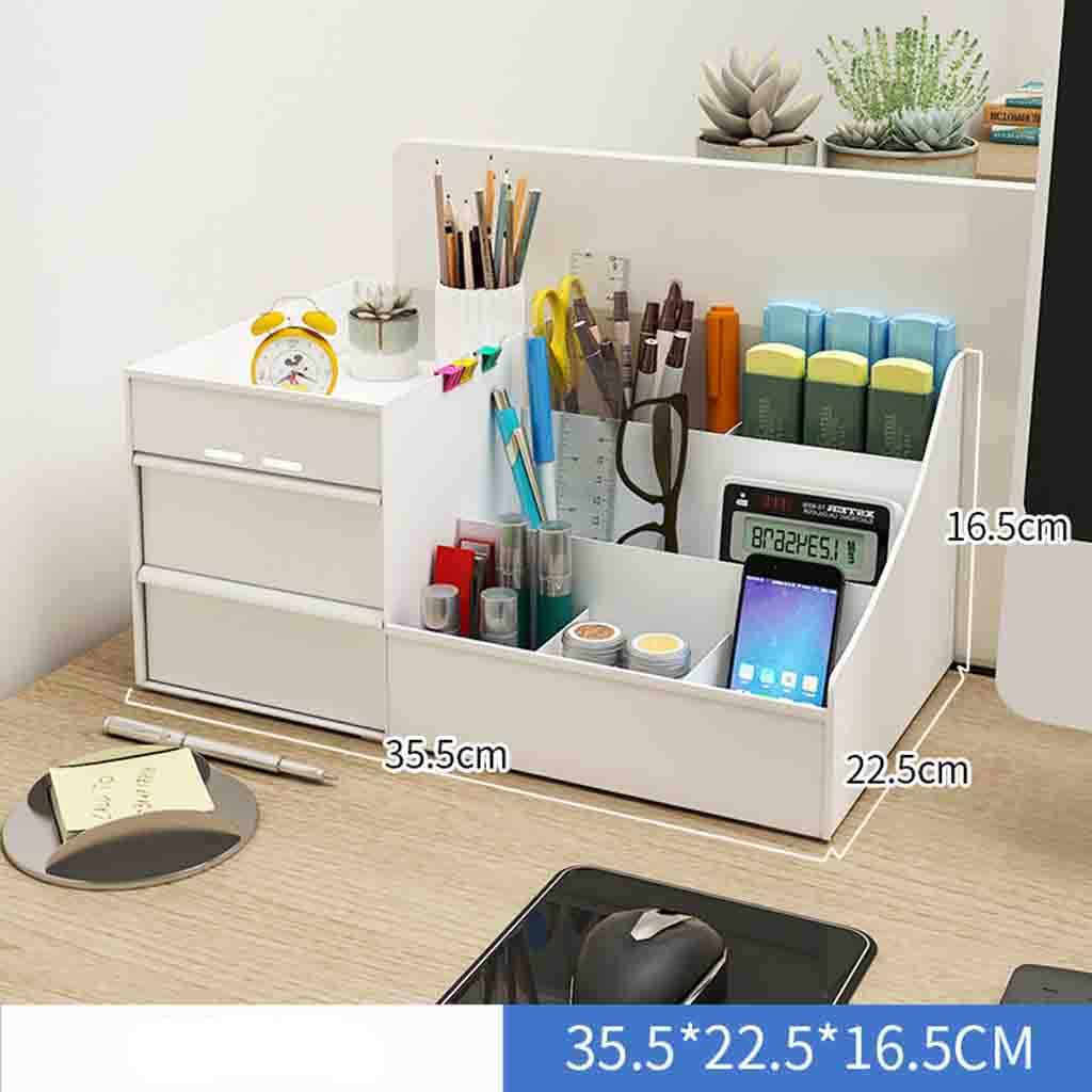Modern Rectangle Desk Pen Holder with 2 Drawers - Stain-Resistant Office Organizer for Pens, Pencils & Supplies (White, 35.5x16.5x22.5cm/14x6x9in) - Perfect for Home Office, Study Desk & Workspace Organization