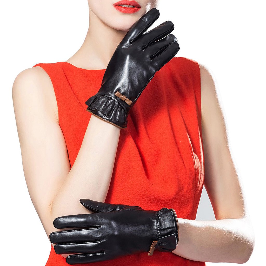 XOMO Women's Winter Warm Genuine Leather Gloves with Bowknot - Soft Touch, Windproof & Thermal Protection for Outdoor Activities, Driving, Skiing & Cold Weather Fashion