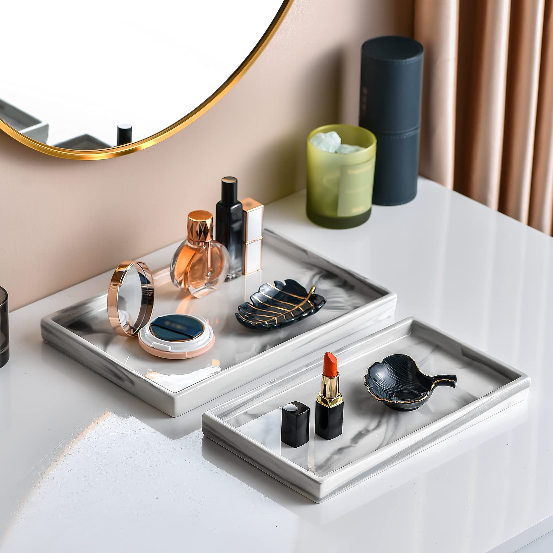 White Marble Vanity Tray for Bathroom - Jewelry & Perfume Organizer, Decorative Ceramic Serving Tray with Rectangle Design | Perfect for Makeup Display, Fragrance Storage & Home Decor