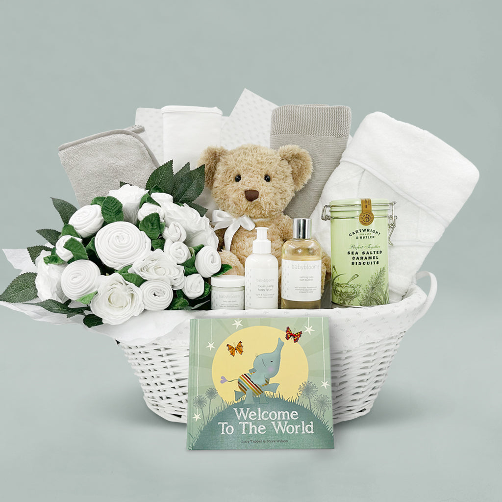 Premium White Welcome to the World Baby Gift Hamper - Perfect for Newborn Celebrations, Baby Showers & Hospital Visits