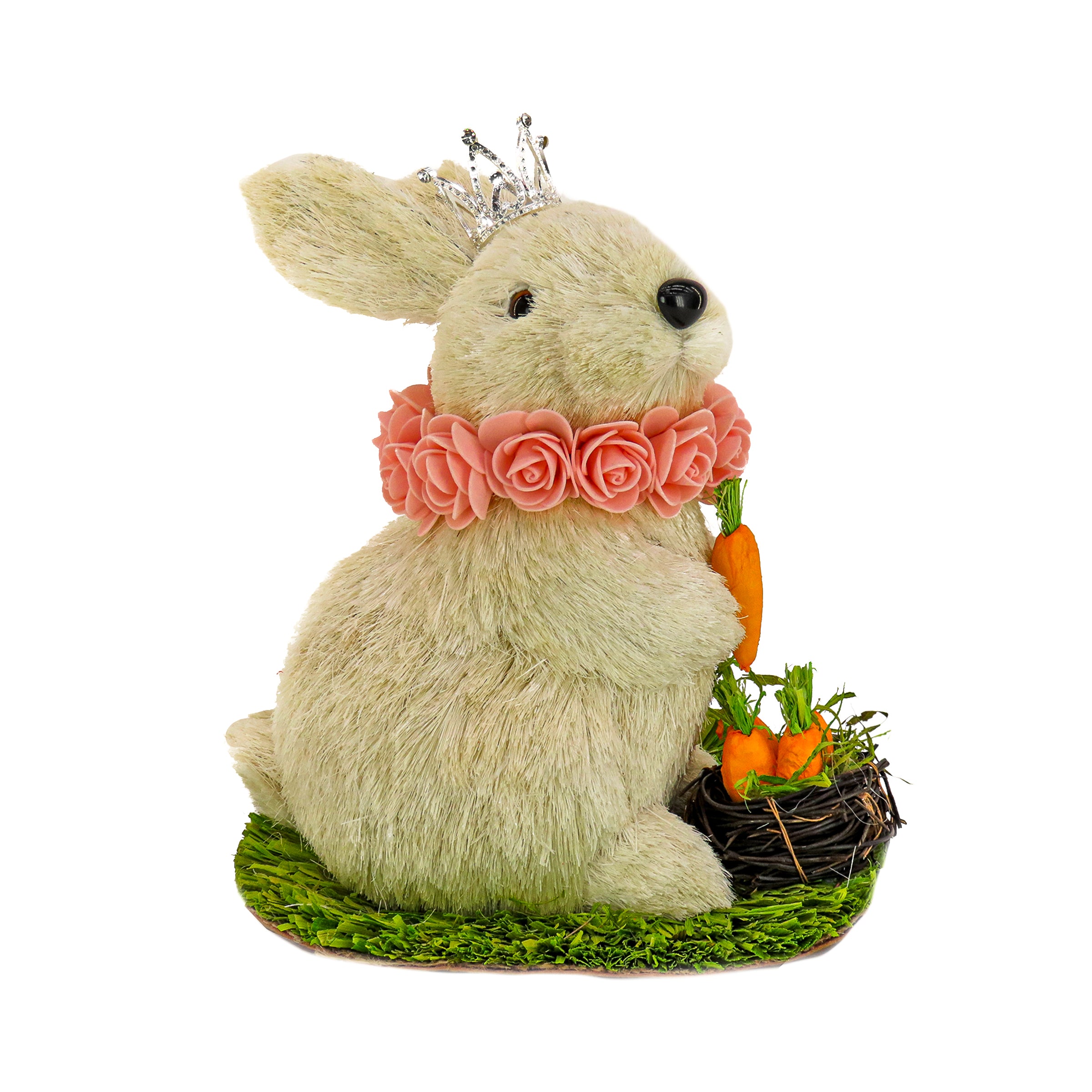 12 Inch White Easter Bunny with Crown Holding Carrot - Cute Spring Table Centerpiece Decor for Easter Party, Home, Office & Garden Celebration