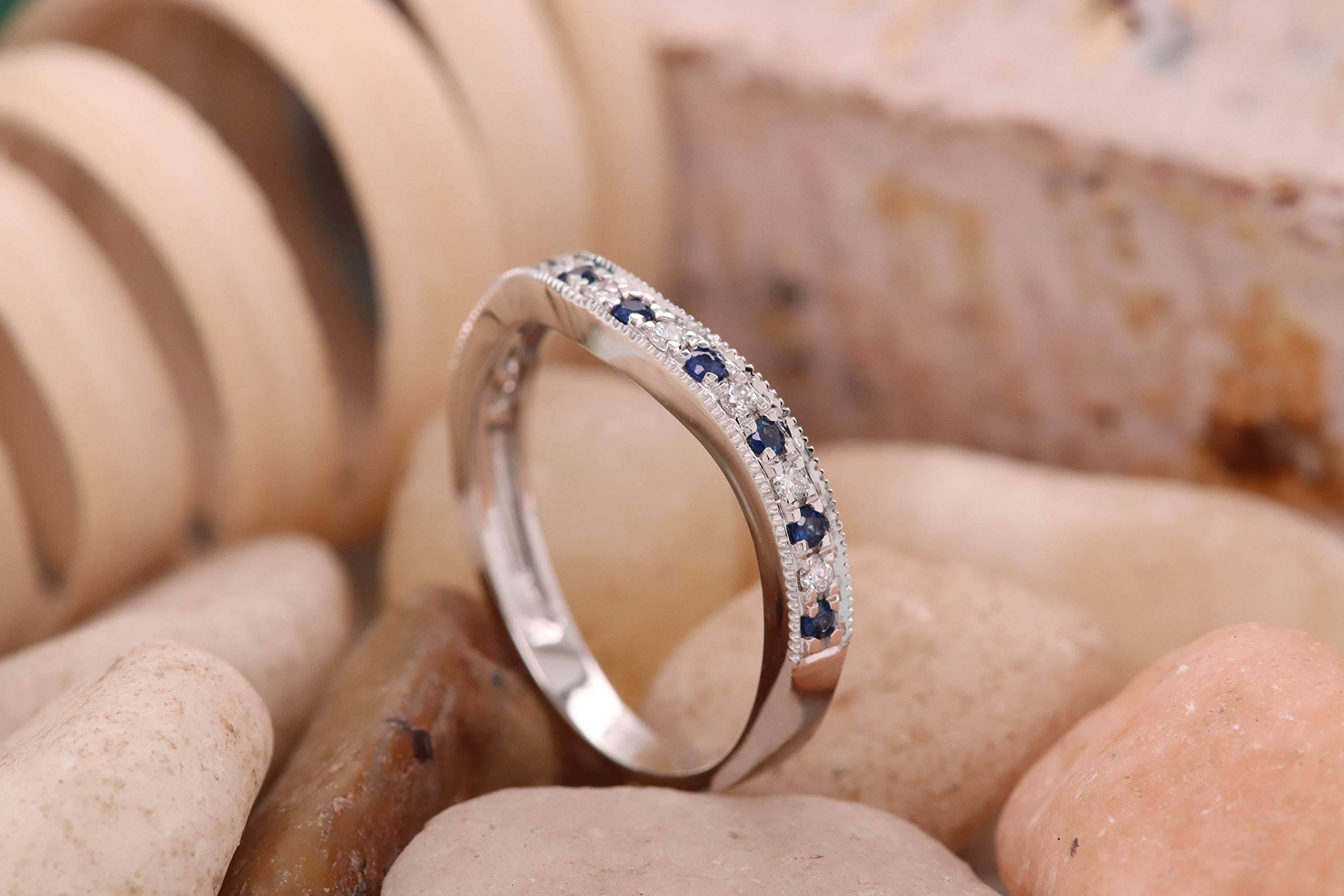 Dazzlingrock Round Gemstone & White Diamond Women's Stackable Contour Guard Wedding Band Ring - 18K Solid White Gold - Perfect for Engagement, Anniversary & Everyday Wear