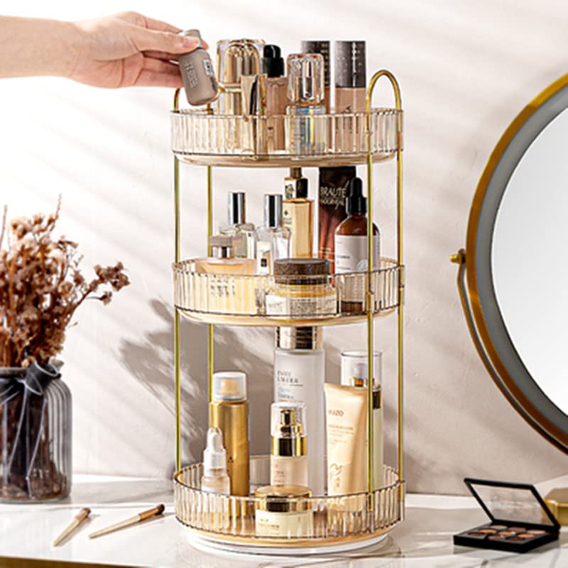 360° Rotating Makeup Organizer - 3-Tier High Capacity Cosmetic & Skincare Storage for Vanity, Bathroom Counter, Dresser (Amber) | Perfect for Organizing Lipsticks, Brushes & Beauty Products