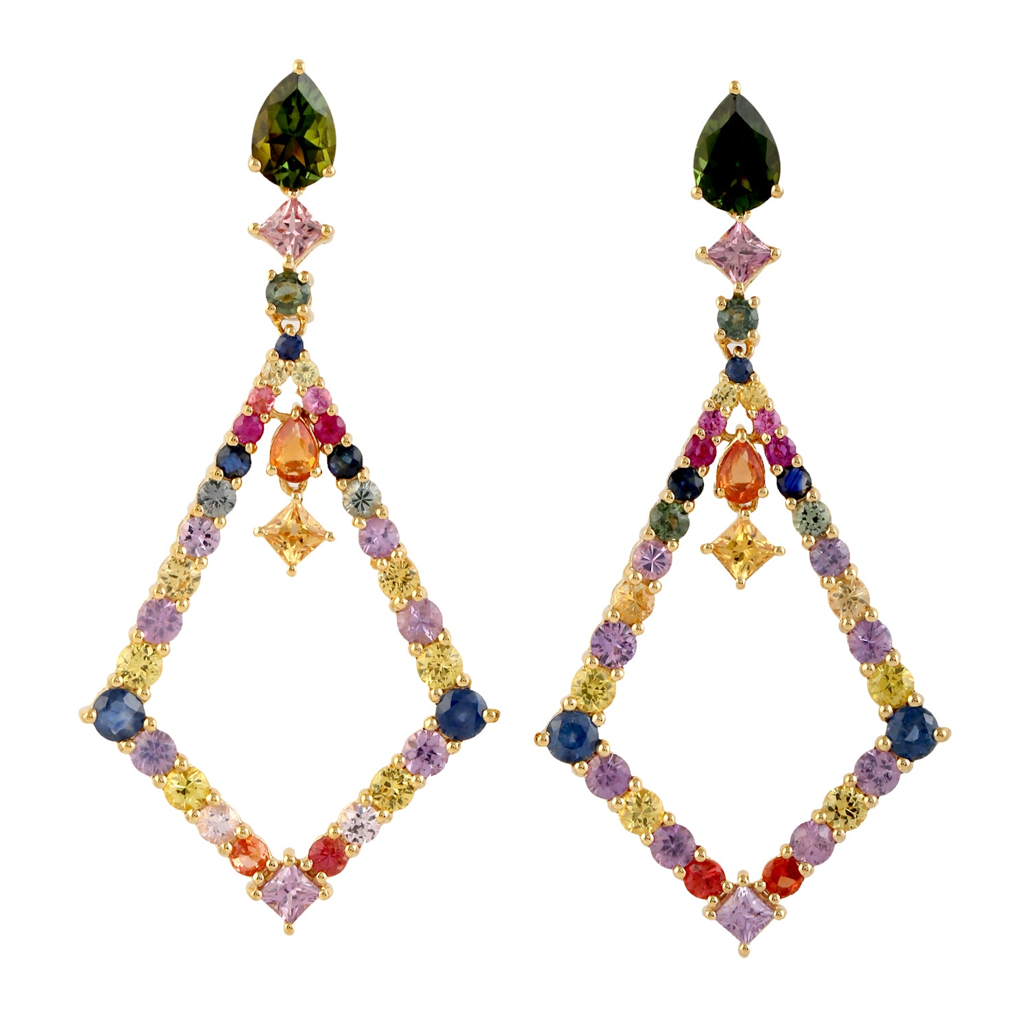 18K Yellow Gold Green Pear Tourmaline & Rainbow Sapphire Dangle Earrings - Perfect for Weddings, Parties & Special Occasions