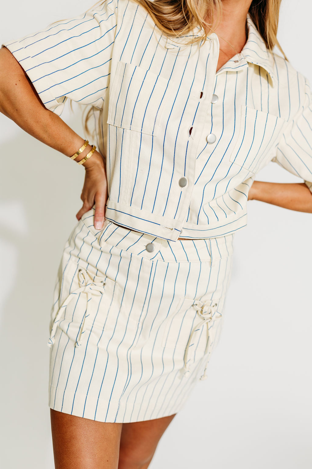 Eden Striped Short Sleeve Jacket for Women - Lightweight Blue Denim Jacket with Striped Pattern, Casual Spring Summer Outerwear for Street Style & Outdoor Activities
