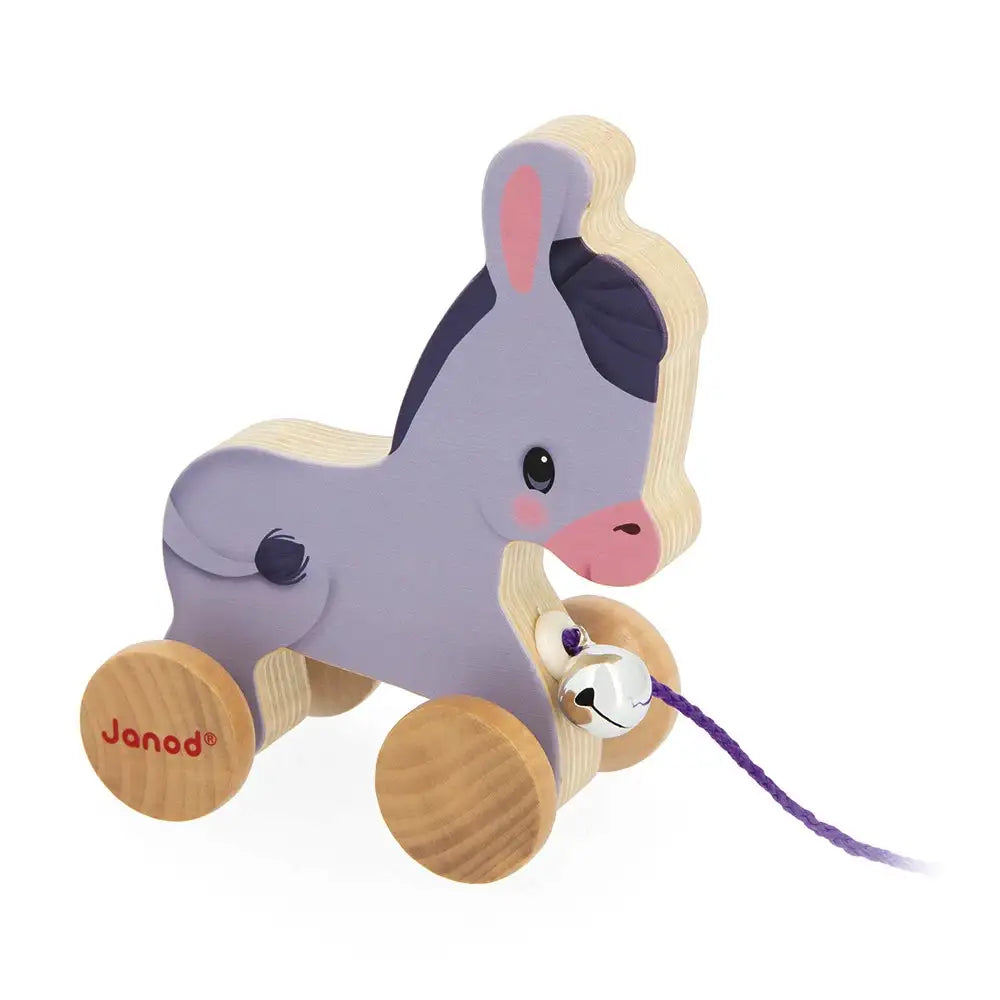 Janod Wooden Pull Along Donkey Toy - Classic Wooden Farm Animal Pull Toy for Toddlers & Kids - Perfect for Imaginative Play, Early Walking Development & Farm-Themed Nursery Decor