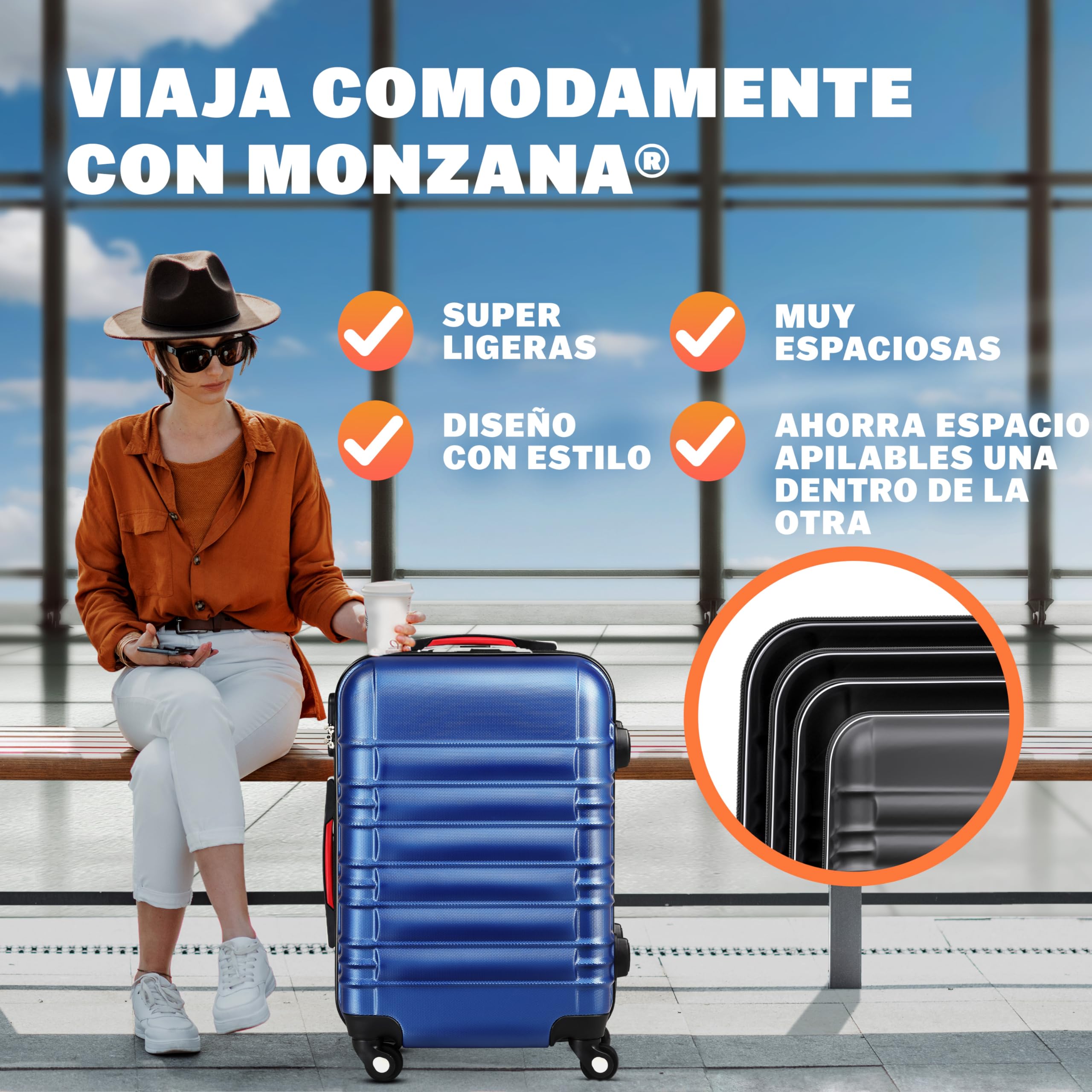 MONZANA® 4-Piece ABS Hard Shell Luggage Set (S, M, L, XL) with 360° Spinner Wheels, Gel Handles & Locking Feet - Blue - Perfect for Business Travel, Family Vacations & International Trips