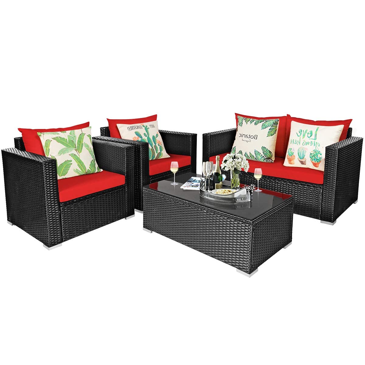 4-Piece Patio Rattan Chair Set with Tempered Glass Coffee Table & Cushions - Outdoor Wicker Sectional Sofa Conversation Set for Garden, Yard, Poolside (Red) - Perfect for Relaxing, Entertaining & Lounging in Your Outdoor Space