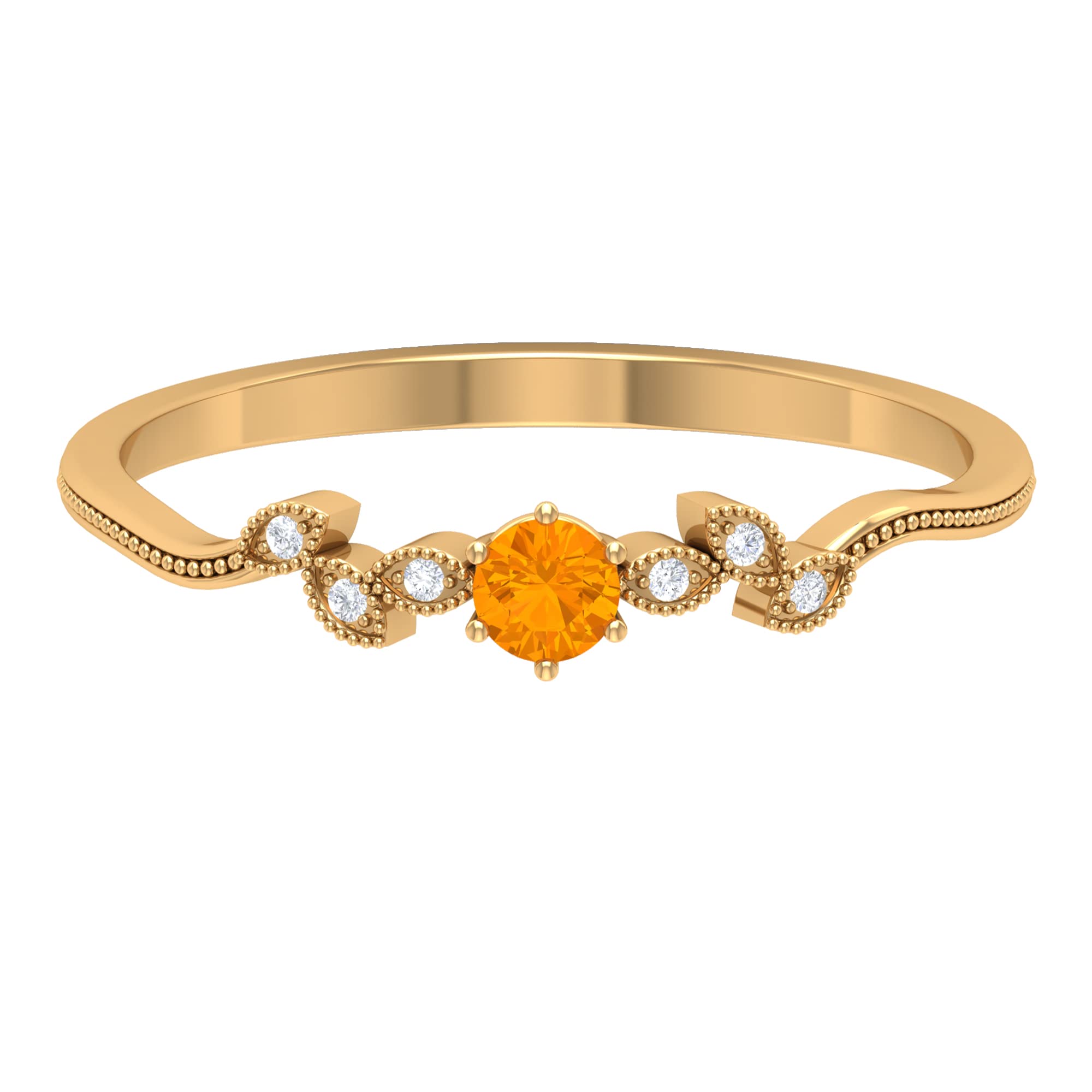 14K Solid Gold Orange Sapphire Promise Ring with Diamond Accents - Elegant Gold Leaf Branch Design, Milgrain Detailing for Engagement, Anniversary & Special Occasions