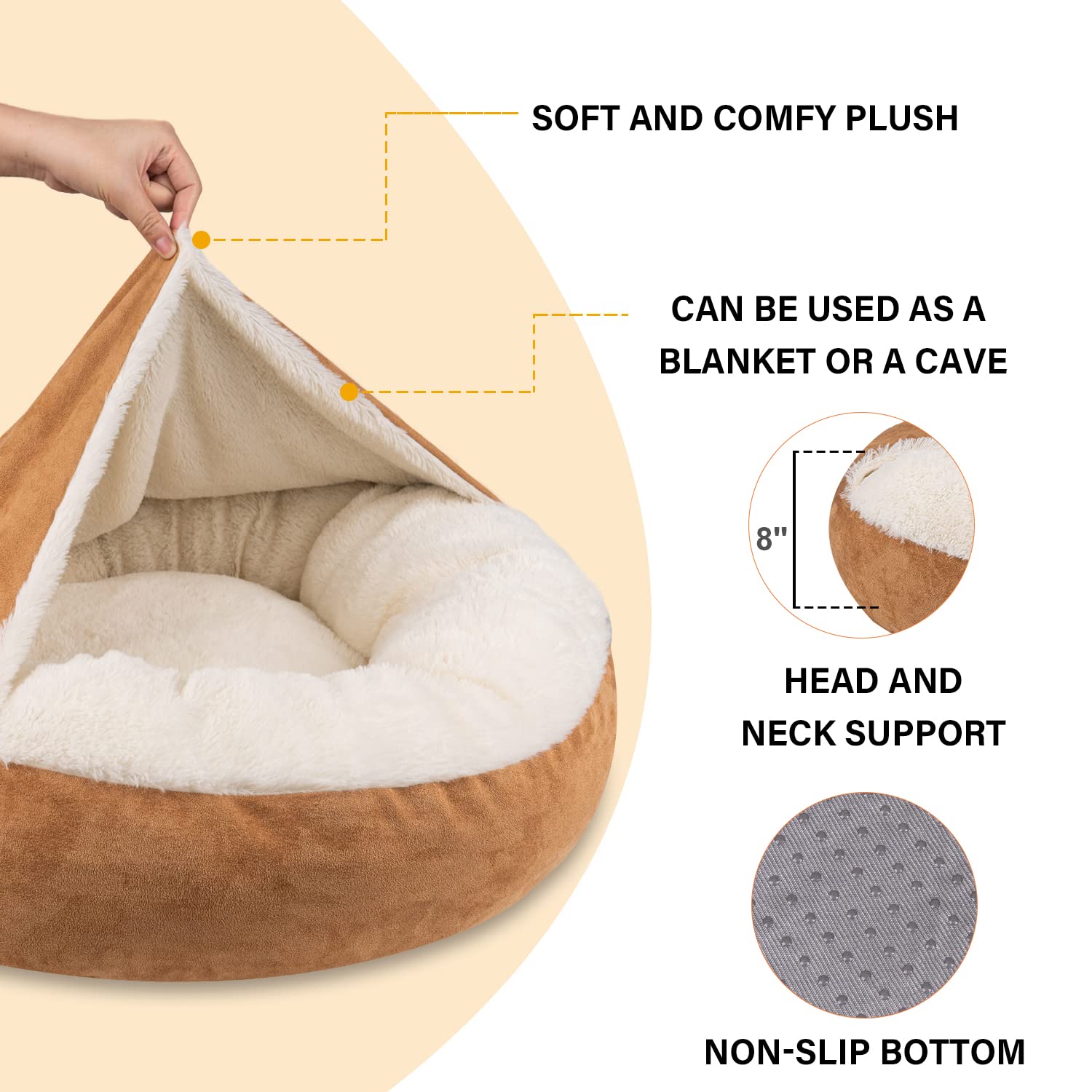 MICOOYO Small Dog Bed with Hooded Blanket - 24 Inch Round Donut Cuddler Pet Bed for Puppies & Cats, Washable & Comfortable (Khaki) - Perfect for Indoor Lounging, Crate Training & Cozy Napping