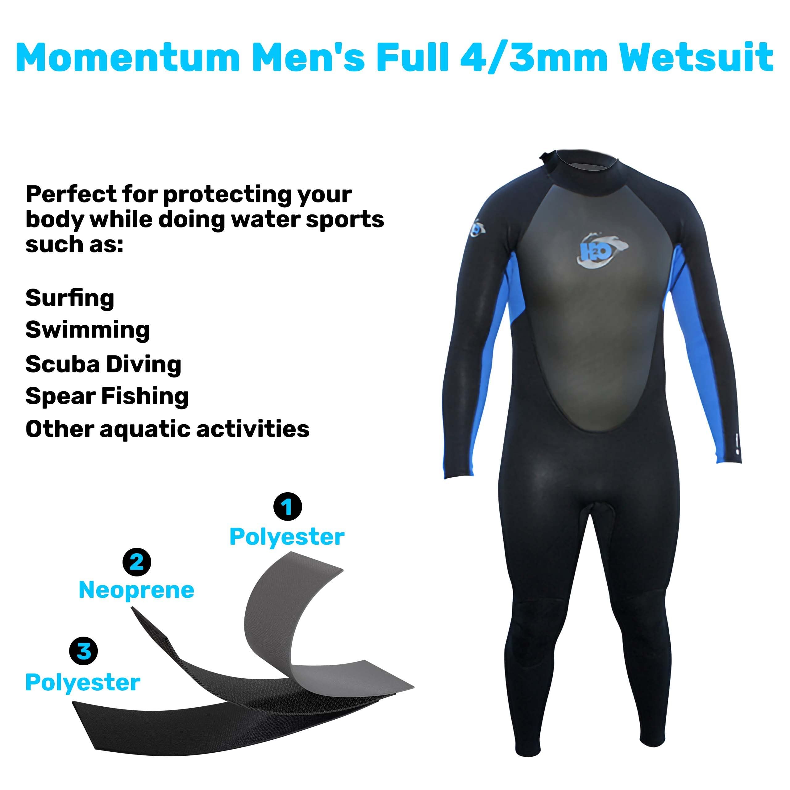 H2Odyssey Momentum 4/3mm Men's Wetsuit - Long Sleeve Neoprene Swimsuit for Surfing, Scuba Diving & Water Sports - 4-Way Stretch Material - Perfect for Cold Water Surfing, Spearfishing & Deep Sea Adventures