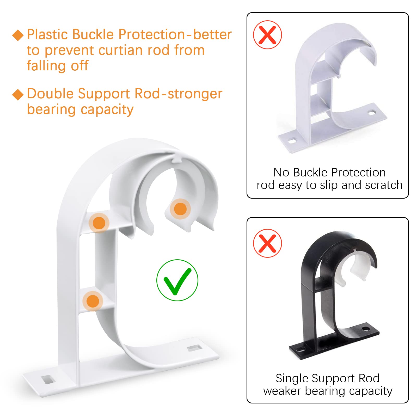 TOKPLNU Heavy Duty Ceiling Curtain Rod Hooks - 1 Inch White Curtain Rod Holders (Set of 2) - Perfect for Living Room, Bedroom & Dorm Window Treatments