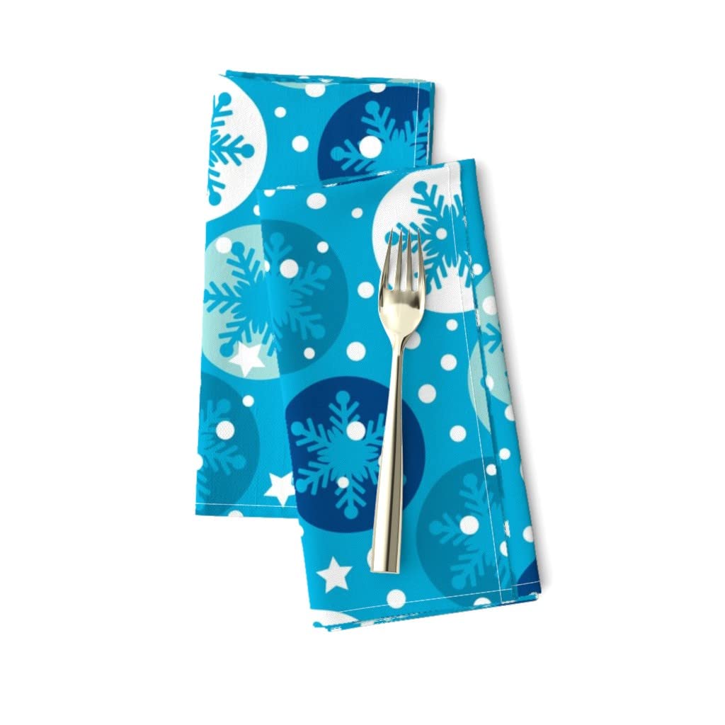 Premium Linen Cotton Canvas Dinner Napkins Set of 2 - Snowflakes Winter Christmas Holiday Decor with Blue White Snow Forecast Pattern - Perfect for Holiday Parties, Festive Dining & Seasonal Table Settings