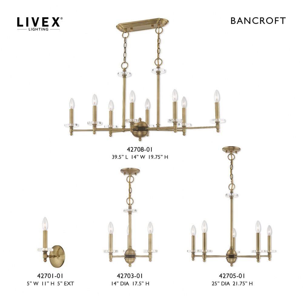 Livex Lighting 42708-01 Bancroft 8-Light Linear Chandelier with Clear Bobeche Crystals in Antique Brass Finish - Perfect for Dining Room, Foyer, or Luxury Home Decor