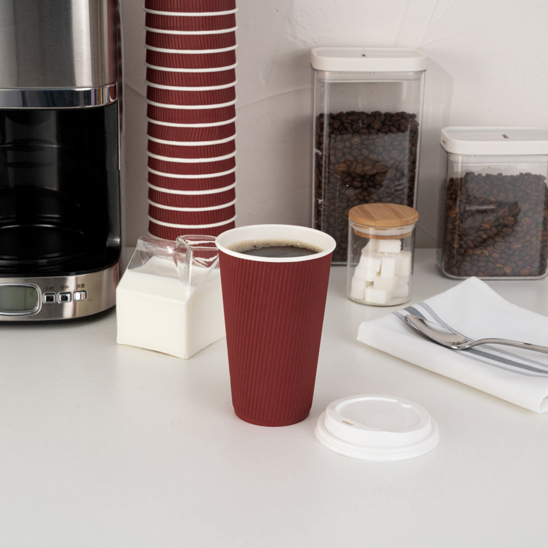 16 oz Crimson Disposable Paper Coffee Cups with Ripple Wall - 3.5