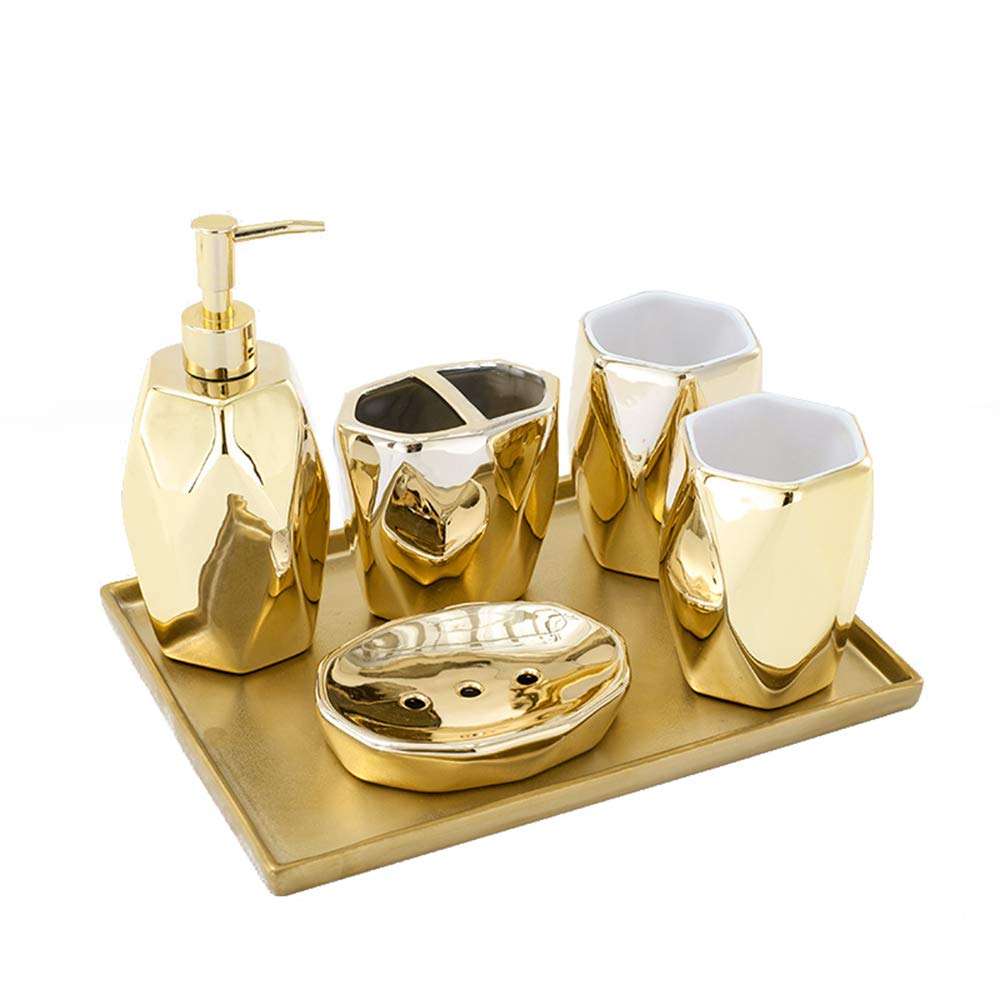 Premium Gold Ceramic Soap Dispenser & Toothbrush Holder Set - Waterproof, Rust-Proof Bathroom Organizer for Home, Hotel, Spa & Salon Use - Elegant Bath Accessories Kit with Mug & Good Sealing Design