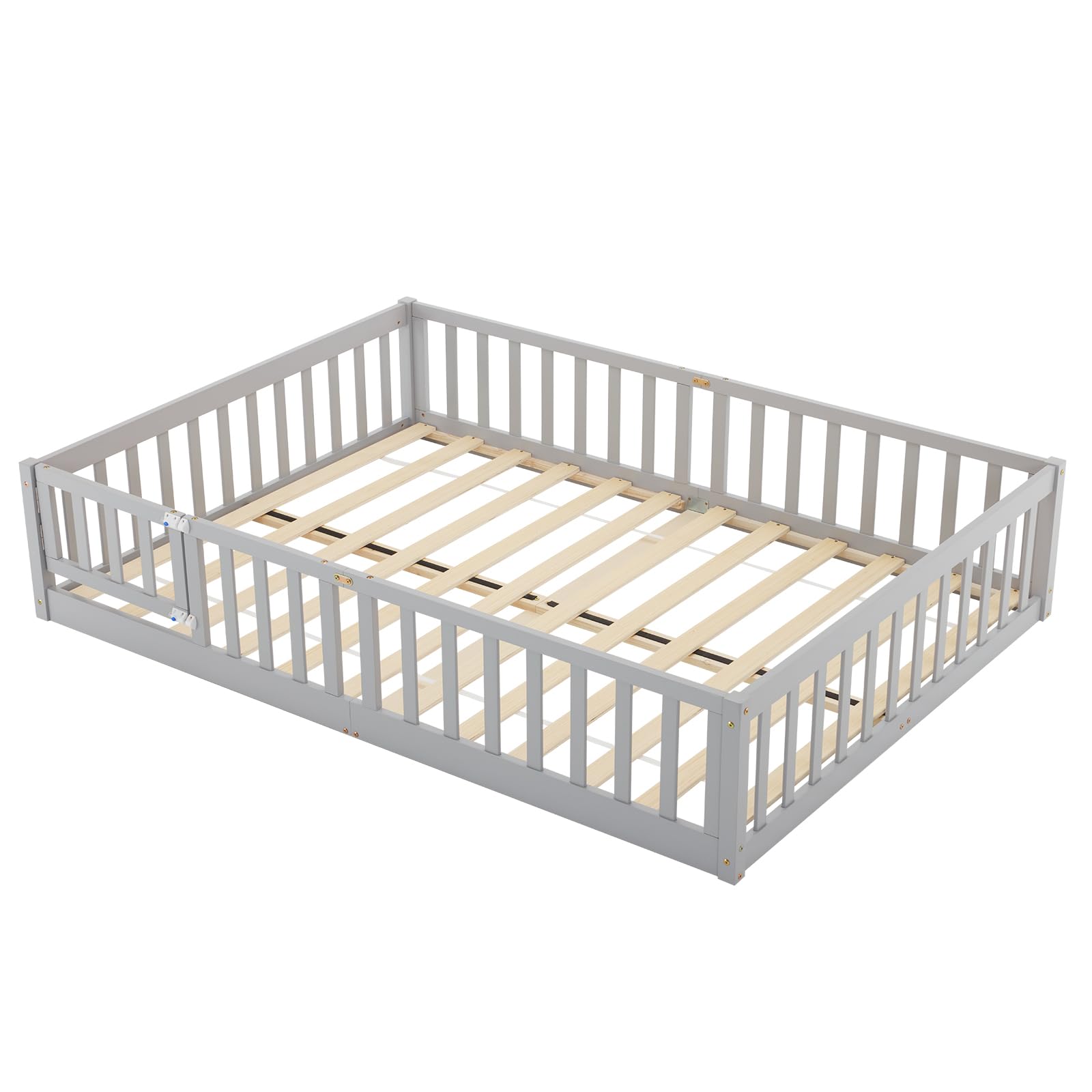 Montessori Toddler Floor Bed with Safety Guardrails & Door - Solid Wood Queen Bed Frame for Kids, Girls & Boys (Grey) | Safe Sleep Solution for Daycare, Nursery & Montessori Classroom