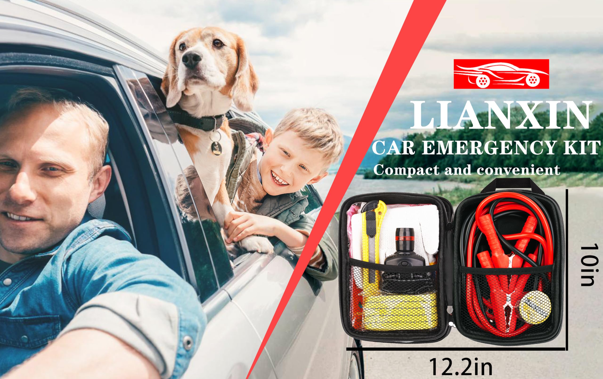 Car Roadside Emergency Kit with Jumper Cables, Safety Tools & Accessories - Includes Headlamp, Tow Straps, Utility Knife, Rainwear & Gloves (Grey) | Essential for Road Trips, Breakdowns & Vehicle Emergencies