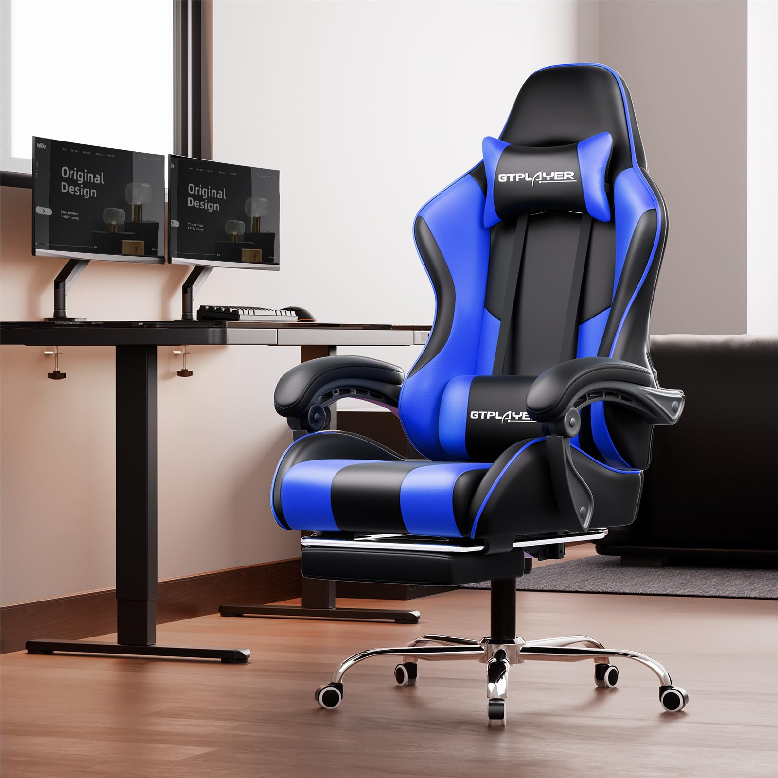 GTPLAYER Ergonomic Gaming Chair with Adjustable Lumbar Support & Footrest - 360° Swivel Office Chair with Headrest for PC, Computer, Video Games & Home Office (Blue) - Perfect for Long Gaming Sessions & Work From Home Comfort