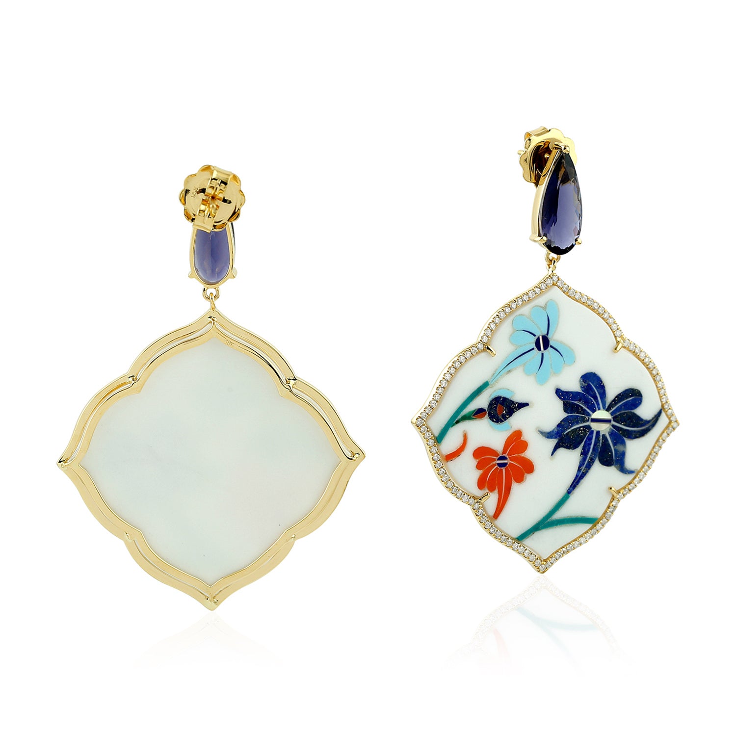18K Yellow Gold Lolite Diamond Bakelite Dangle Earrings for Women - Perfect for Weddings, Parties & Special Occasions