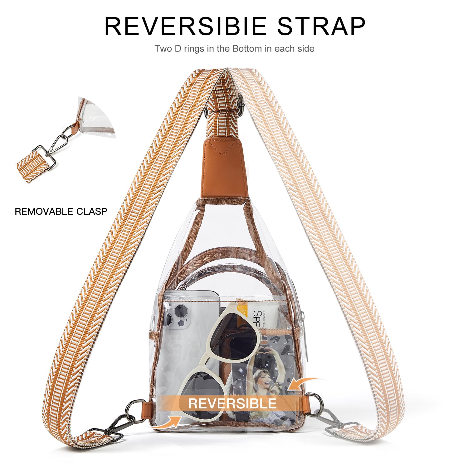 Leresas Clear Sling Bag - Stadium Approved Transparent Crossbody Purse for Women & Men - Lightweight Clear Backpack Fanny Pack for Concerts, Sports Events & Travel (Brown/See-Through) - Perfect for Security Checks, Theme Parks & Outdoor Adventures
