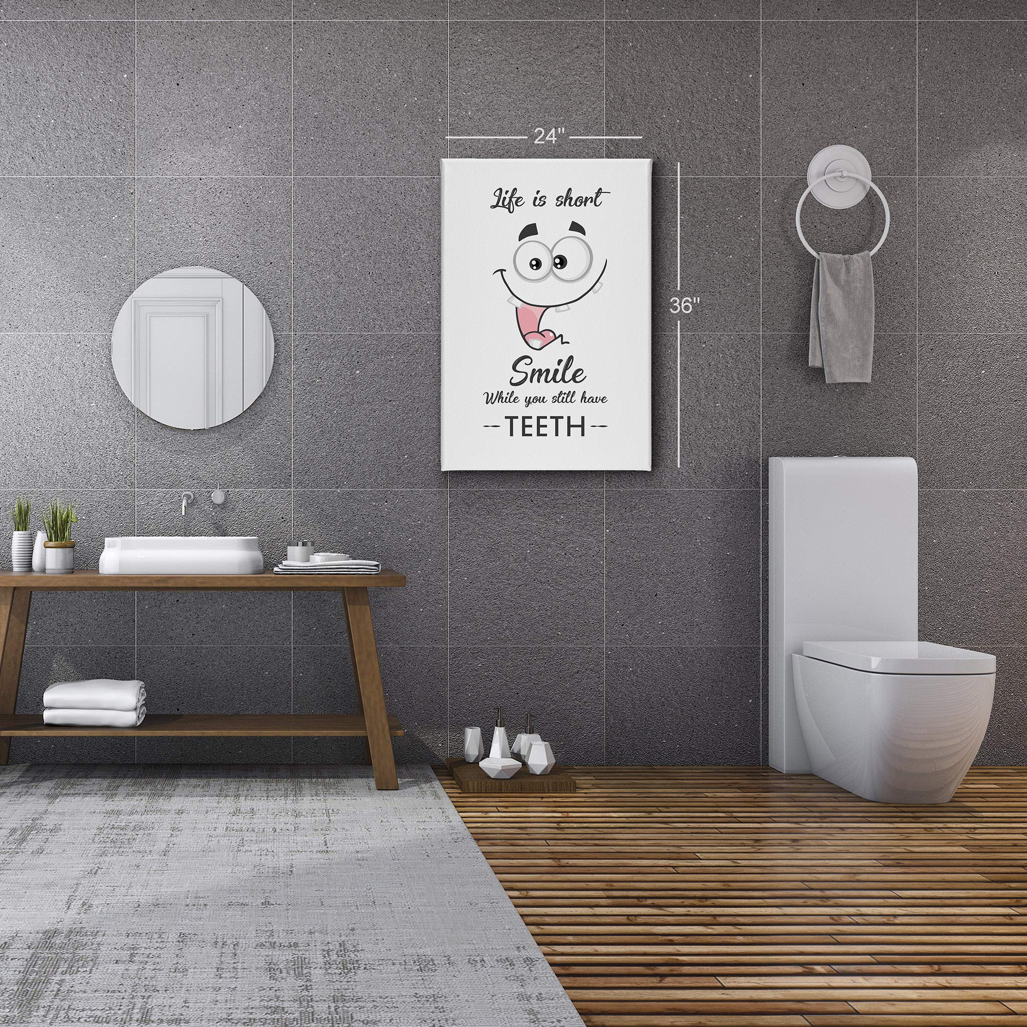 Funny Bathroom Wall Art - 'Life is Short, Smile While You Still Have Teeth' Canvas Print Sign | Ready to Hang Bathroom Decor | Home Decoration Made in USA (36x24) | Perfect for Powder Rooms, Guest Baths & Humorous Home Gifts
