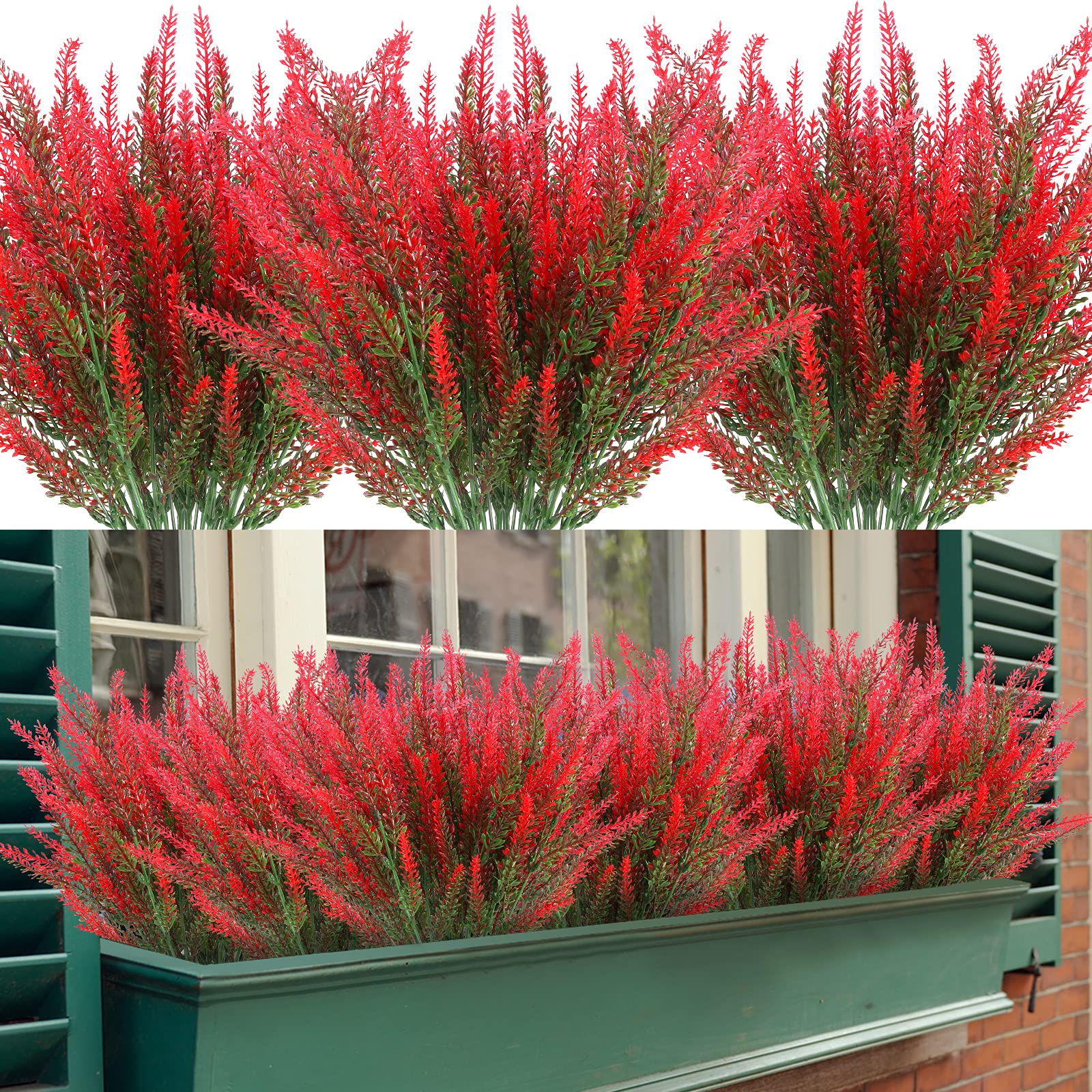 12 Bundles Artificial Lavender Flowers - UV Resistant Faux Plastic Plants for Outdoor Garden, Porch & Window Box Decor (Deep Red) | Perfect for Home, Wedding & Party Decoration