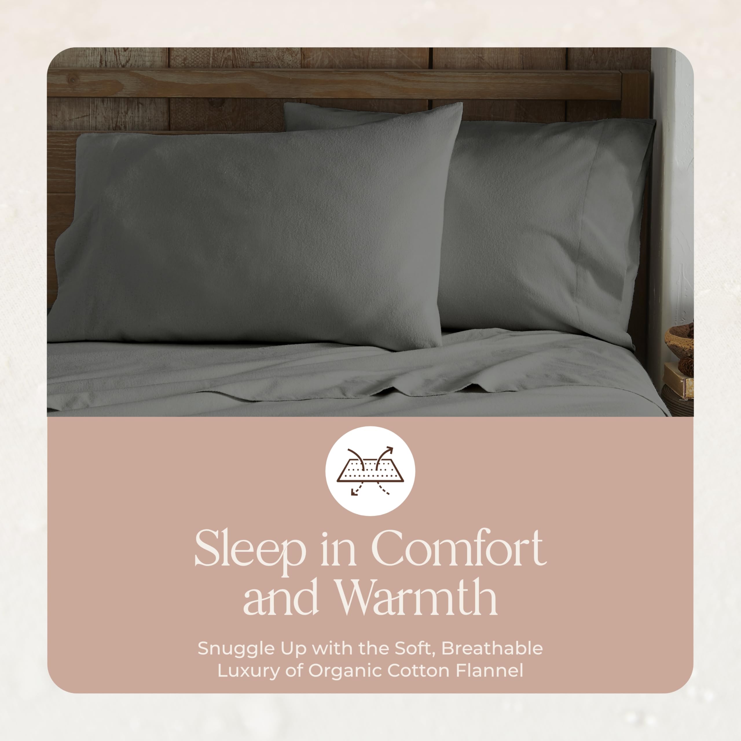 Organic Flannel Pillowcases Queen Size Set of 2 - 100% GOTS Certified Organic Cotton, Ultra Soft & Breathable, Premium Brushed Finish with Envelope Closure - Perfect for Cozy Winter Nights & Allergy Relief (Gray, Queen)