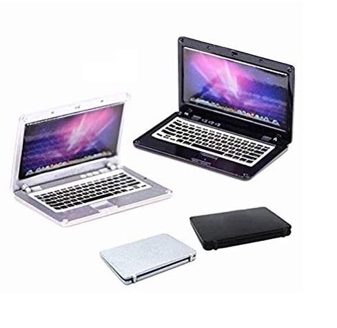 1:12 Mini Laptop Model - 2 Pack Black & Silver Miniature Computers for Dollhouse & Diorama Scenes - Perfect for Model Train Sets, School Projects & Collectible Displays