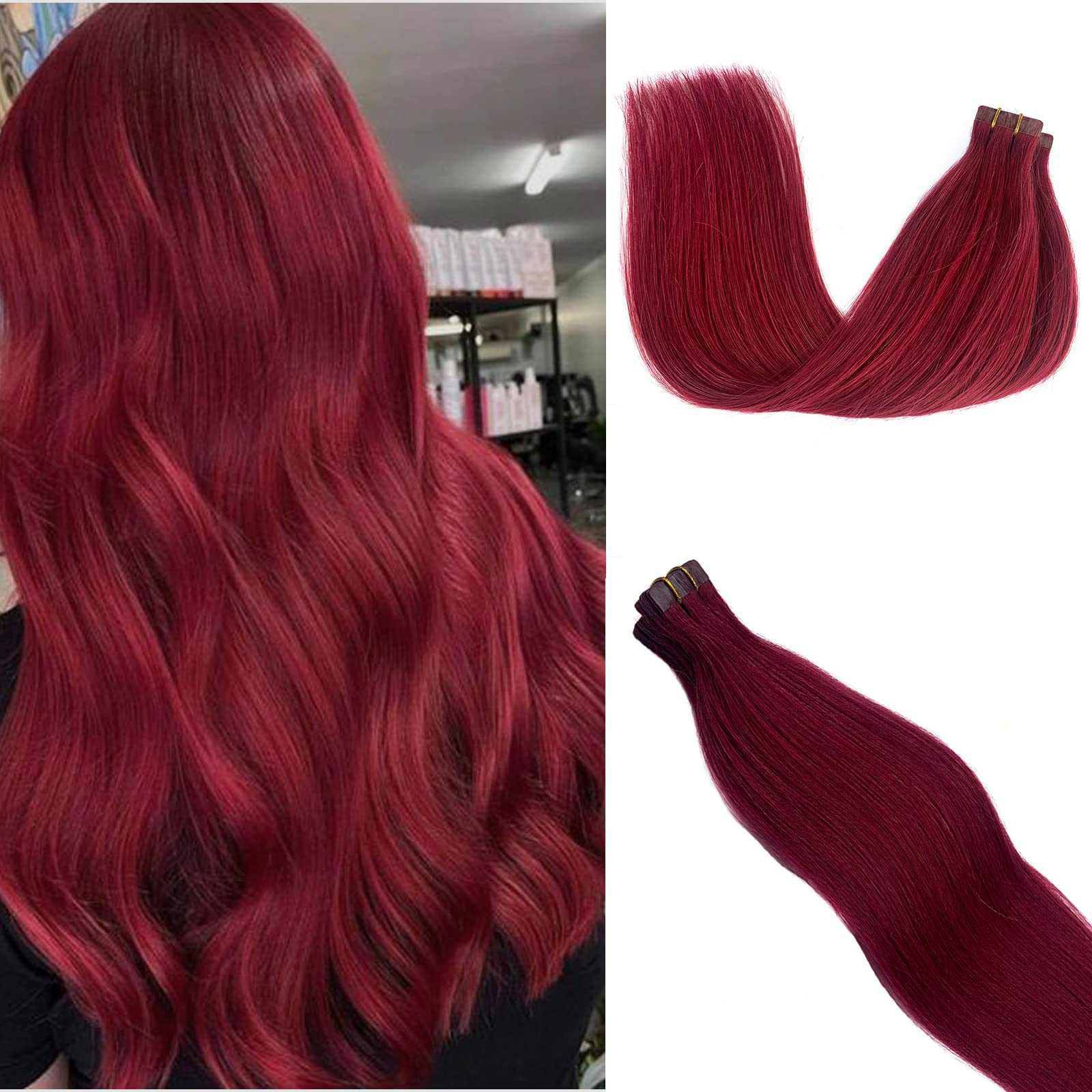 Smavida Tape in Hair Extensions #99J Red Wine - 20pcs/30g Human Hair Wefts | Seamless Skin Weft Silk Straight Remy Hair Extensions with Glue | Perfect for Parties, Weddings & Daily Styling