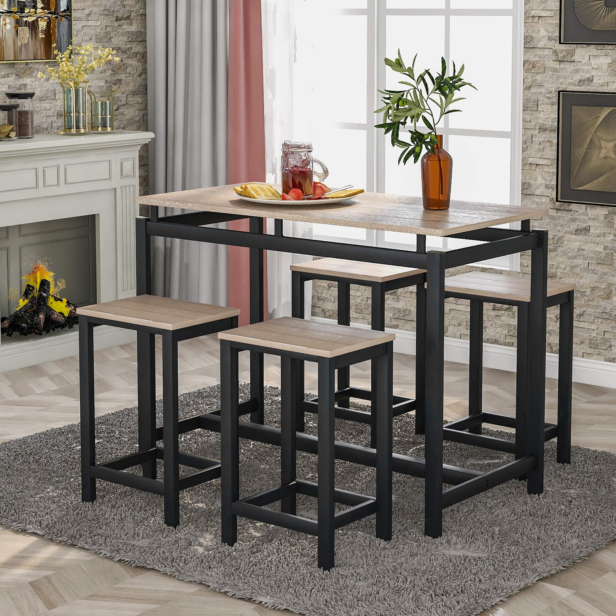 5-Piece Industrial Kitchen Counter Height Dining Table Set with 4 Chairs, Oak Finish - Perfect for Small Spaces, Breakfast Nooks, and Modern Kitchen Decor