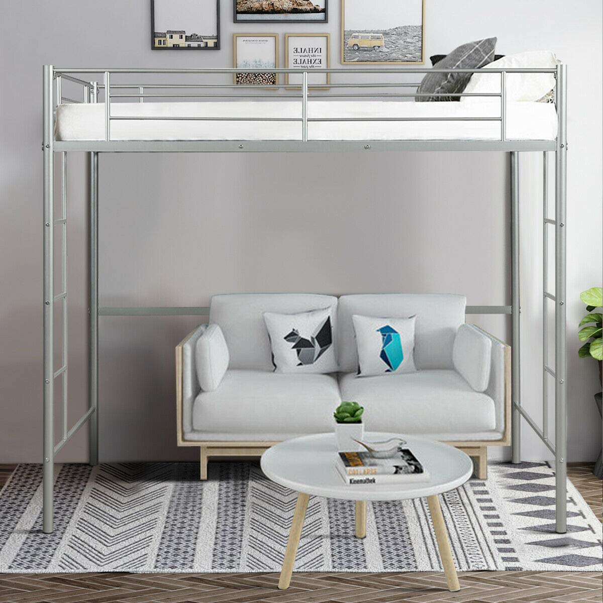 Modern Twin Loft Bed with Ladder - Sturdy Metal Frame in Silver Finish for Kids & Teens | Space-Saving Bunk Bed for Bedroom, Dorm, Studio Apartment | Perfect with Study Desk, Play Area or Storage Underneath