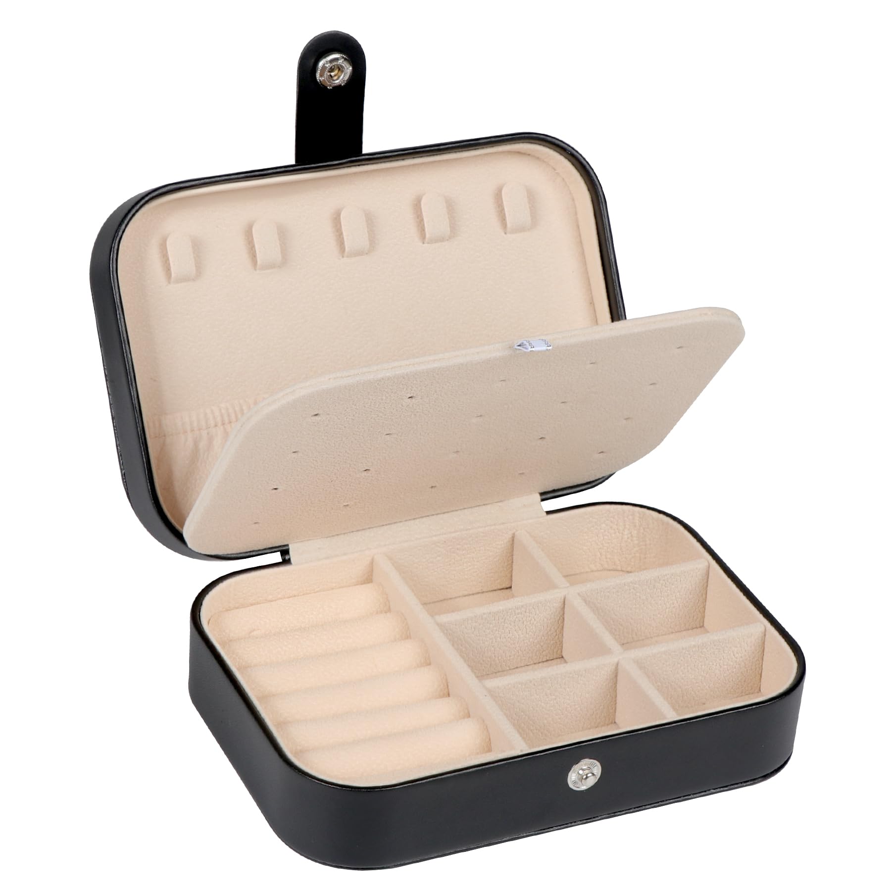Upgraded Travel Jewelry Organizer Box for Women - PU Leather Portable Jewelry Case with Necklace, Ring, Earring & Bracelet Storage - Perfect for Vacation, Business Trips & Daily Use (Black)