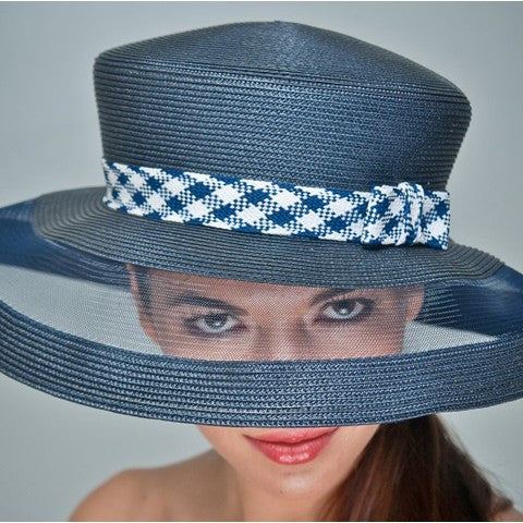 NA1034 Navy Blue and White Straw Hat - Summer Beach Hat for Women, Wide Brim Sun Hat for Outdoor Activities, Vacations, and Gardening