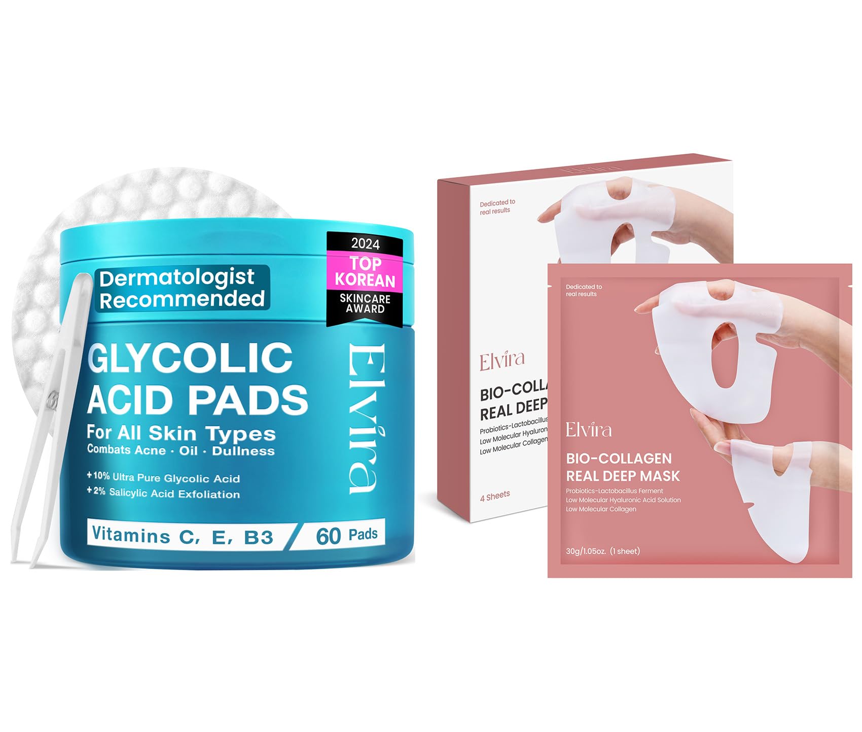 Elvira Glycolic Acid Exfoliating Facial Pads & Bio-Collagen Face Mask Set - Korean Skincare for Acne-Prone Skin, Deep Hydration & Brightening | Daily Exfoliating Treatment & Overnight Mask for Glowing Complexion | Perfect for Nighttime Routine & Pre-Makeup Prep