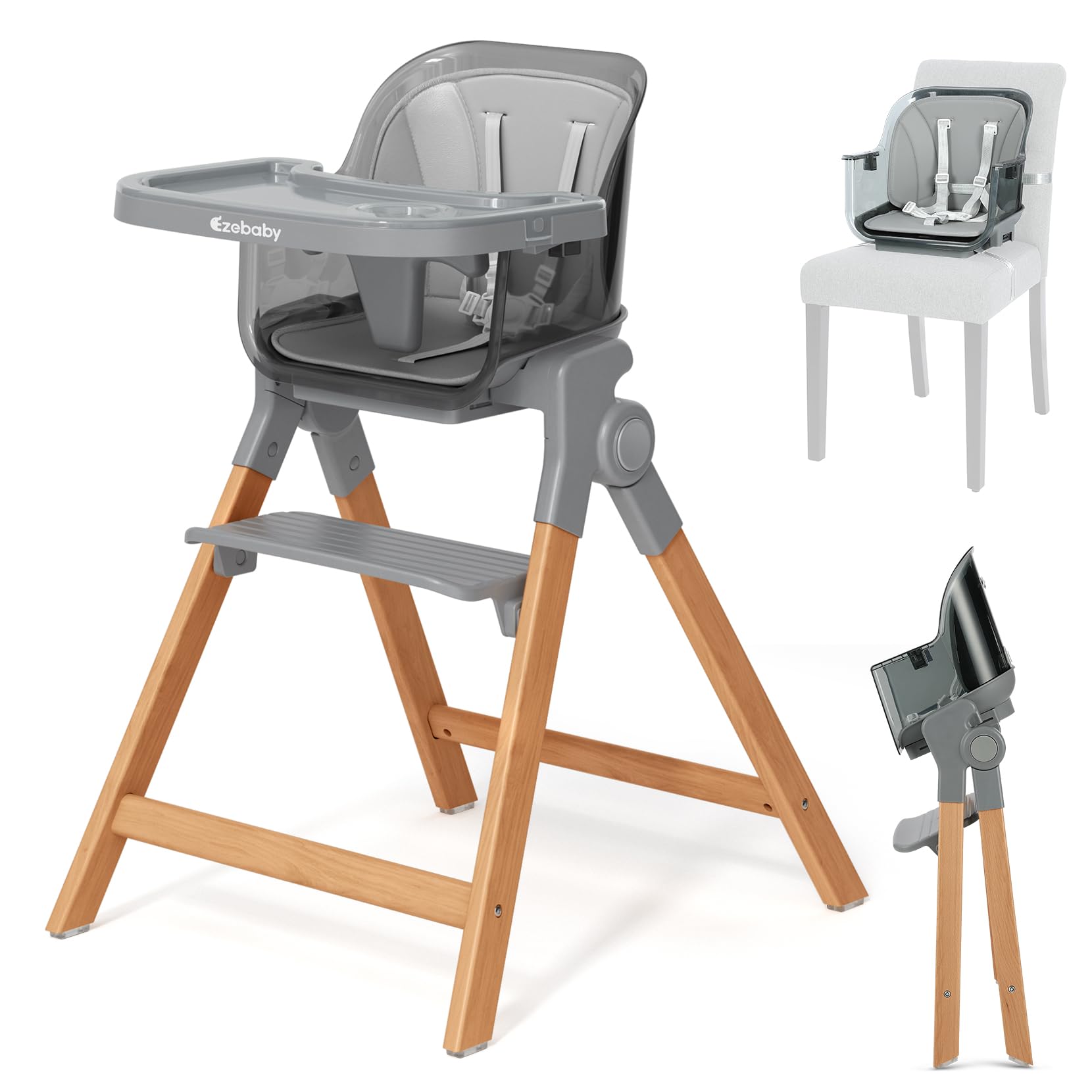 Ezebaby 3-in-1 Foldable Wooden High Chair - Convertible Baby Dining Booster Seat & Toddler Chair with Adjustable Tray | Easy Clean Baby High Chair for Home, Restaurant & Outdoor Use (Transparent Gray)
