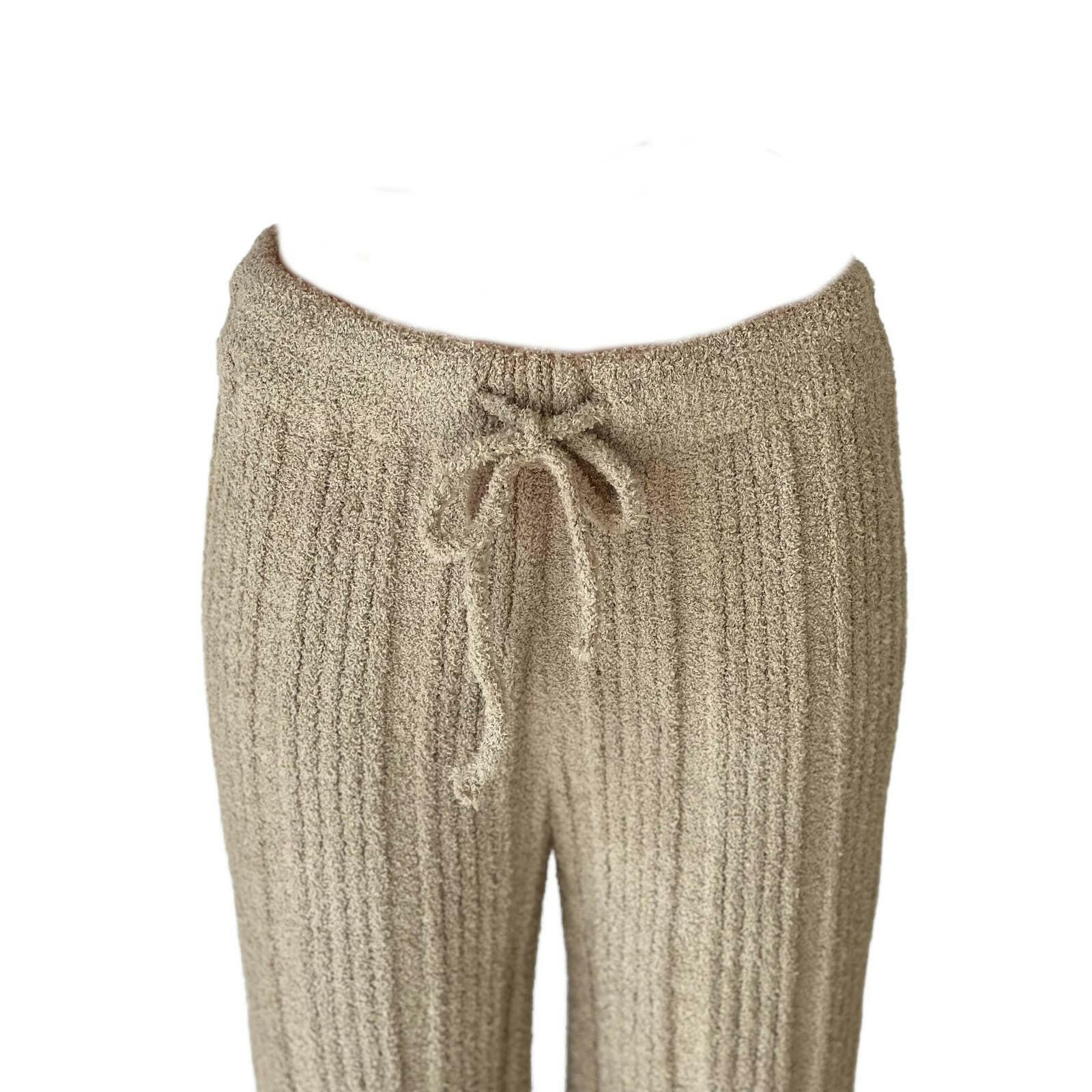 Luxury Ribbed Knit Pants for Women - Soft Solid Taupe Color, High Waisted Comfortable Lounge Pants for Home, Yoga, and Casual Wear