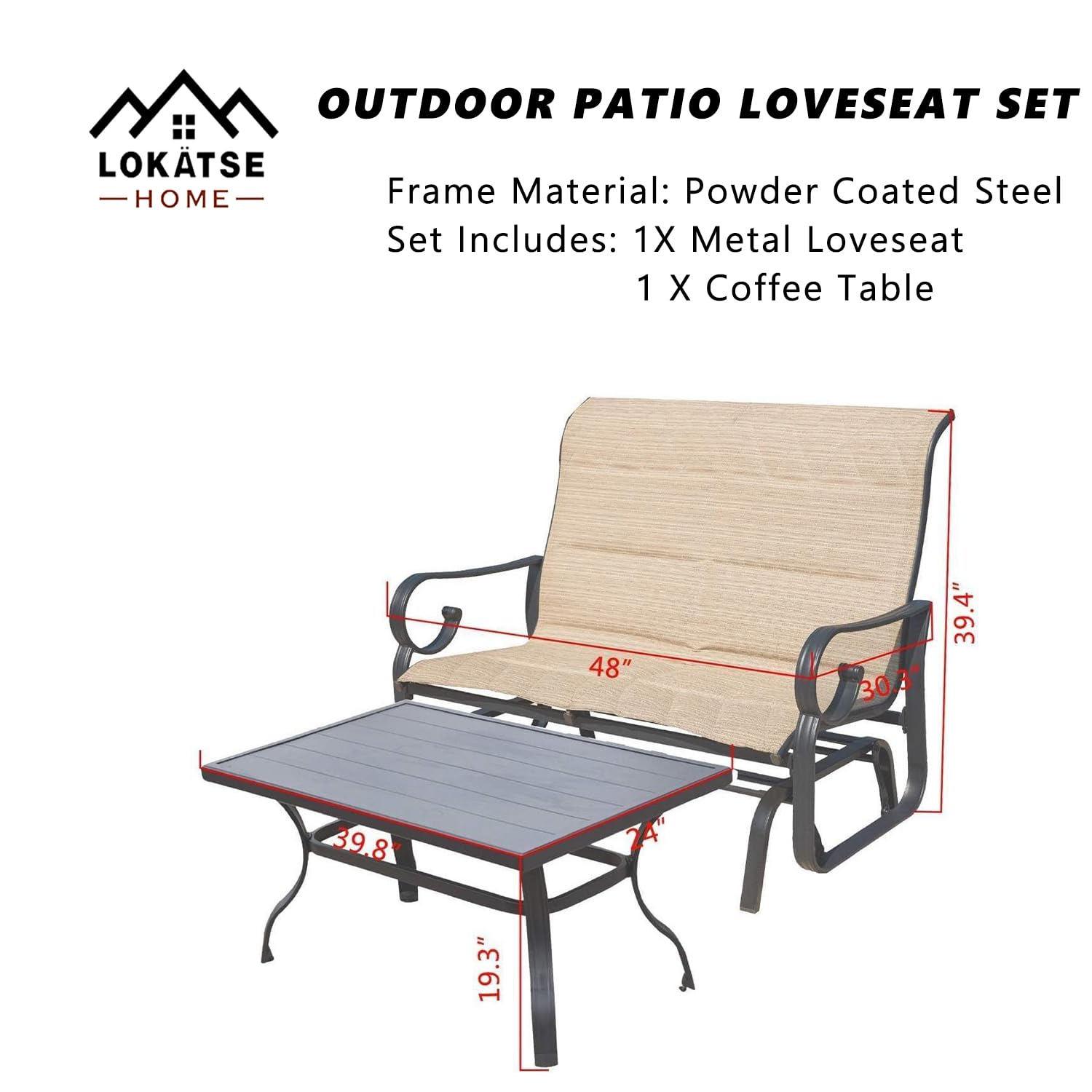 LOKATSE HOME Outdoor Glider Chair Set - 2-Person Rocking Loveseat with Side Table, Weather-Resistant Patio Furniture for Backyard, Garden, Beach & Poolside (Beige) | Perfect for Relaxing, Sunbathing and Outdoor Entertaining