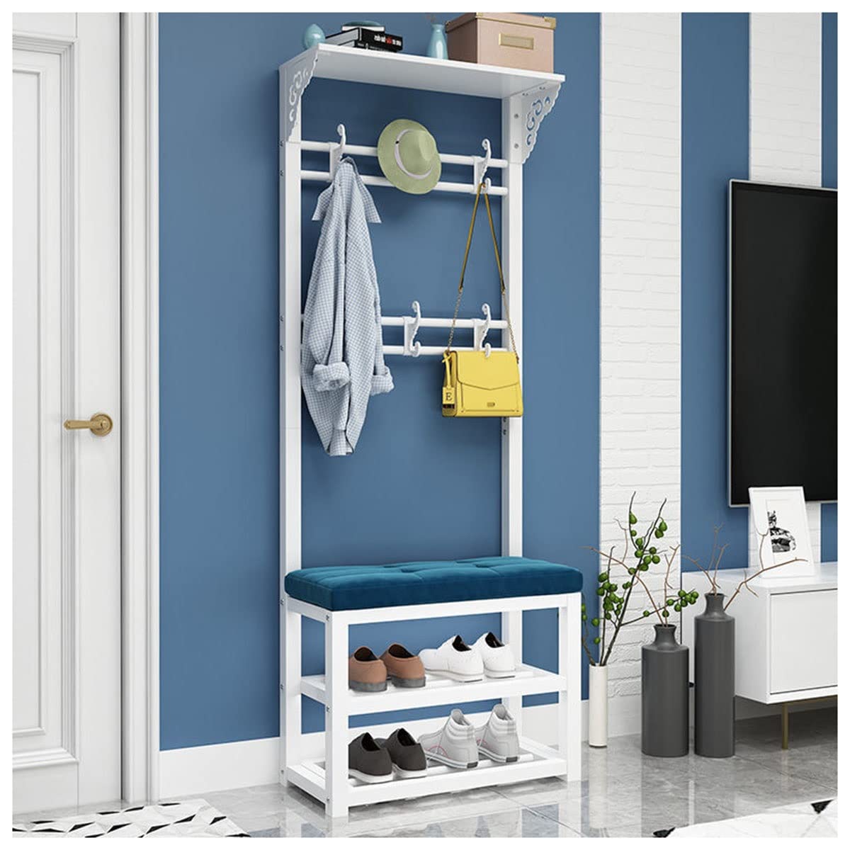 OTBK 3-in-1 Entryway Hall Tree with Coat Rack, Shoe Storage Bench & Organizer Cubby - Perfect for Jackets, Bags, Shoes & Umbrellas (Blue Velvet, 60CM) - Ideal for Small Spaces, Apartments & Mudroom Organization