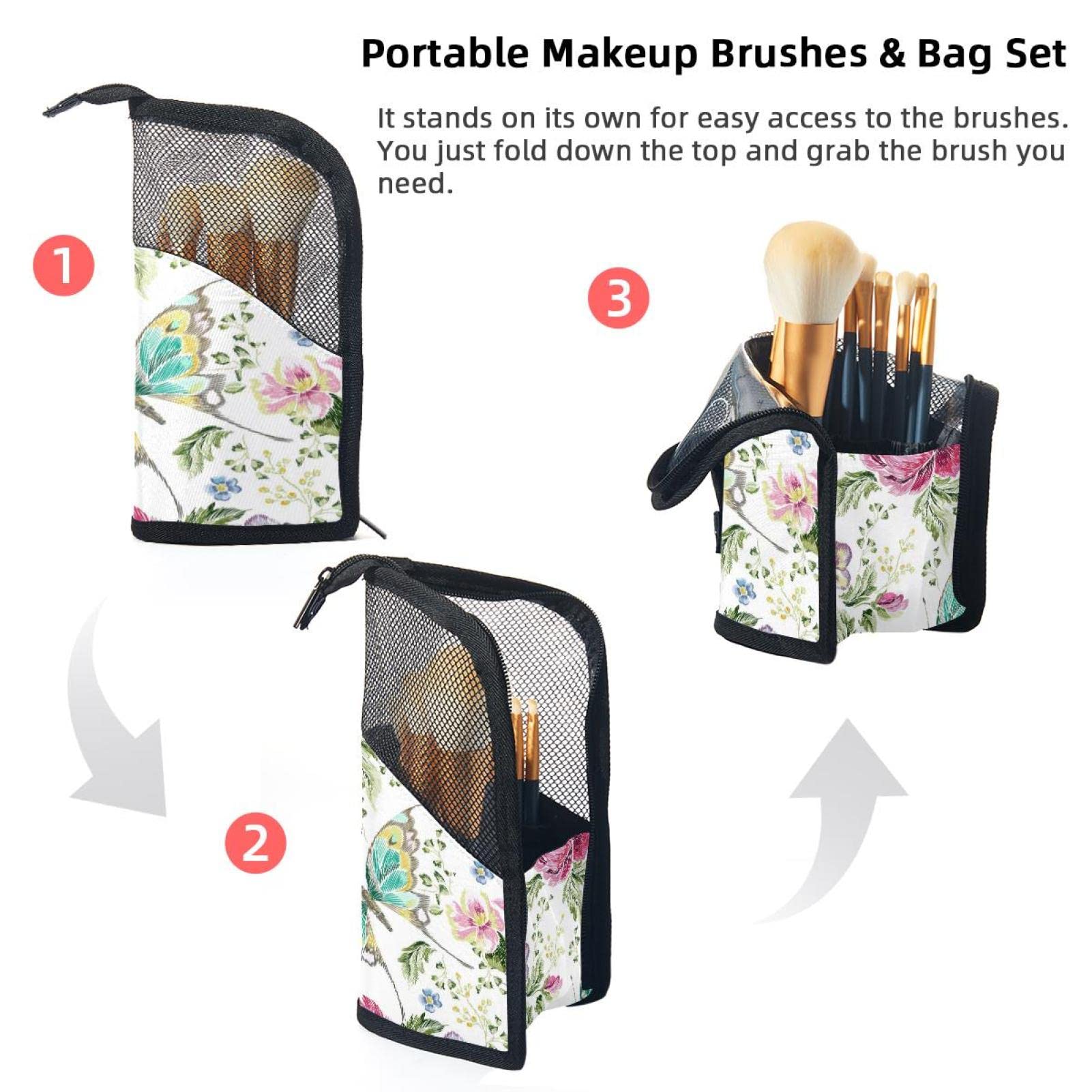 12-Piece Makeup Brush Organizer Bag with Watercolor Peony & Butterfly Design - Portable Cosmetic Brush Holder Case for Travel & Home Storage