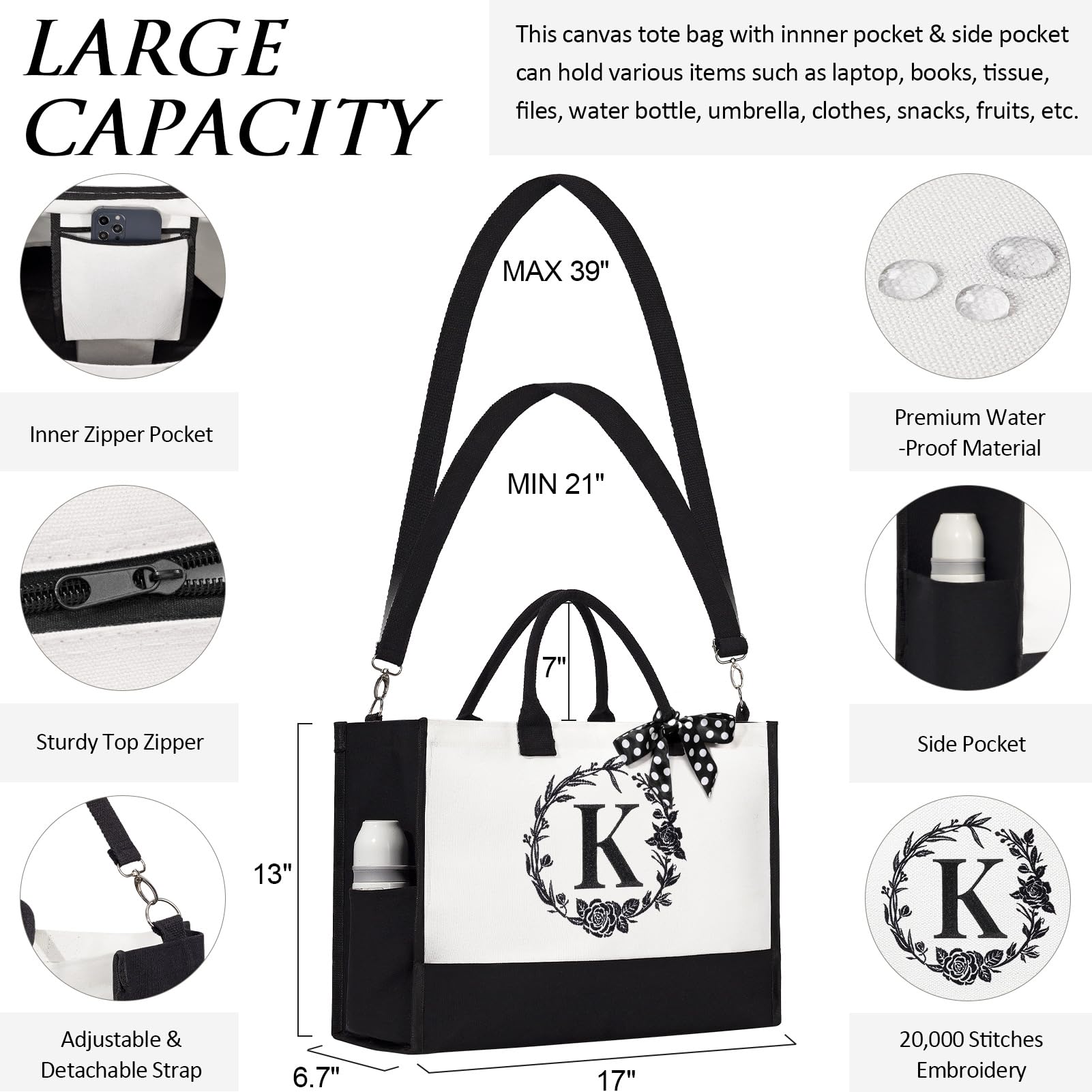 Personalized Monogrammed Canvas Tote Bag & Makeup Bag - Custom Initial Beach Tote for Women | Valentine's Day, Birthday Gift for Her, Girlfriend, Wife, Mom, Sister, Daughter | Perfect for Travel, Shopping & Beach Outings