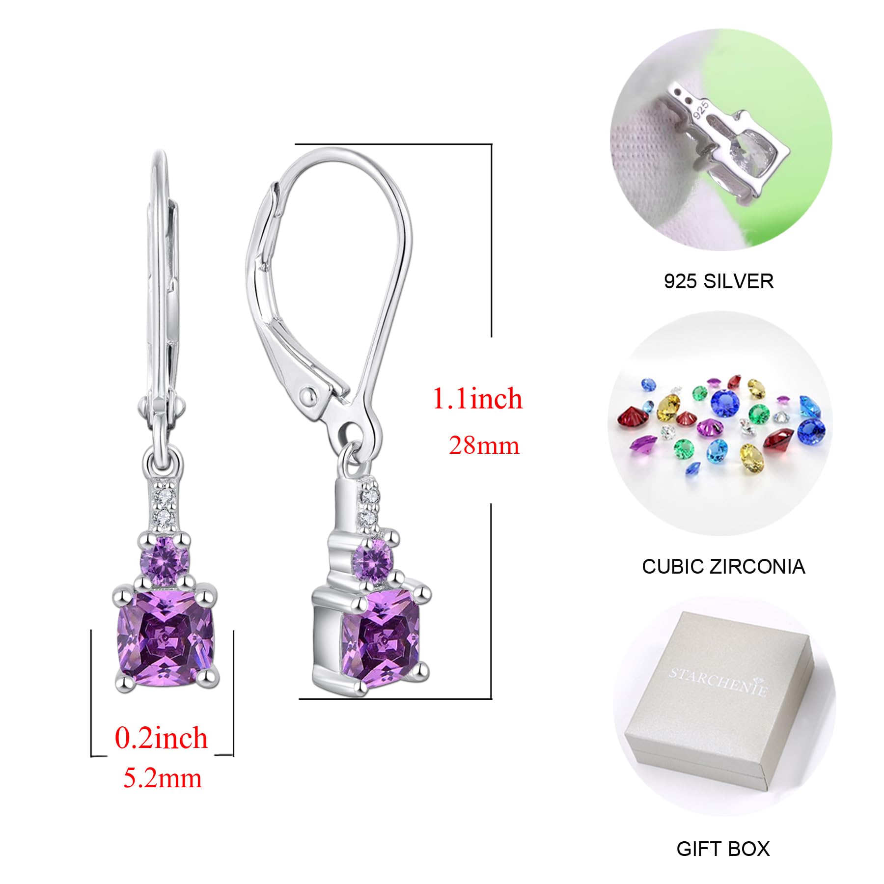 Starchenie 925 Sterling Silver Princess Cut Dangle Earrings for Women - Elegant Leverback Gemstone Jewelry for Parties, Weddings & Special Occasions